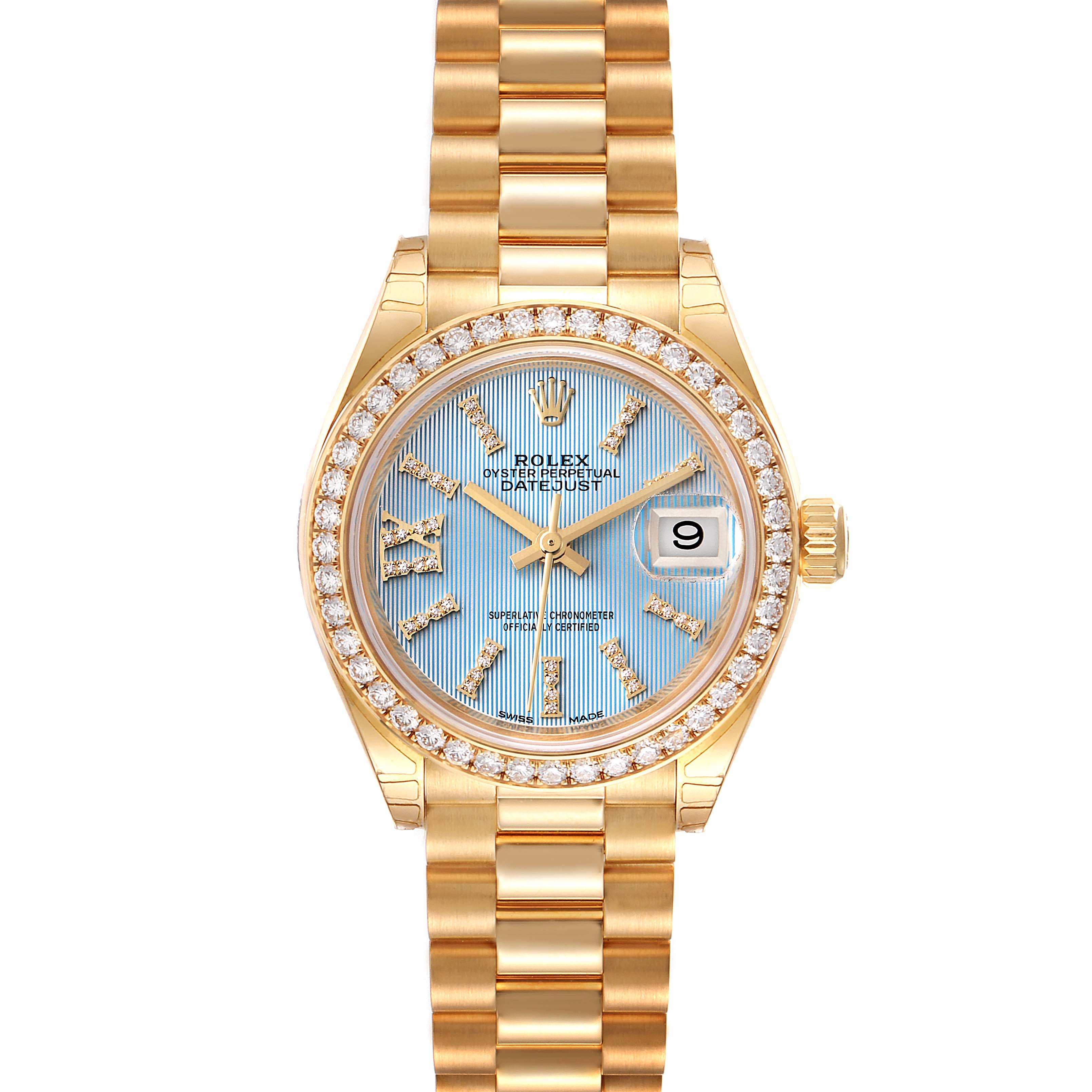 This image shows a front view of a Rolex President 279138 Women's Yellow Gold Blue Dial 279138 Women's Yellow Gold Blue Dial model watch, displaying its gold band, blue dial, and date window.