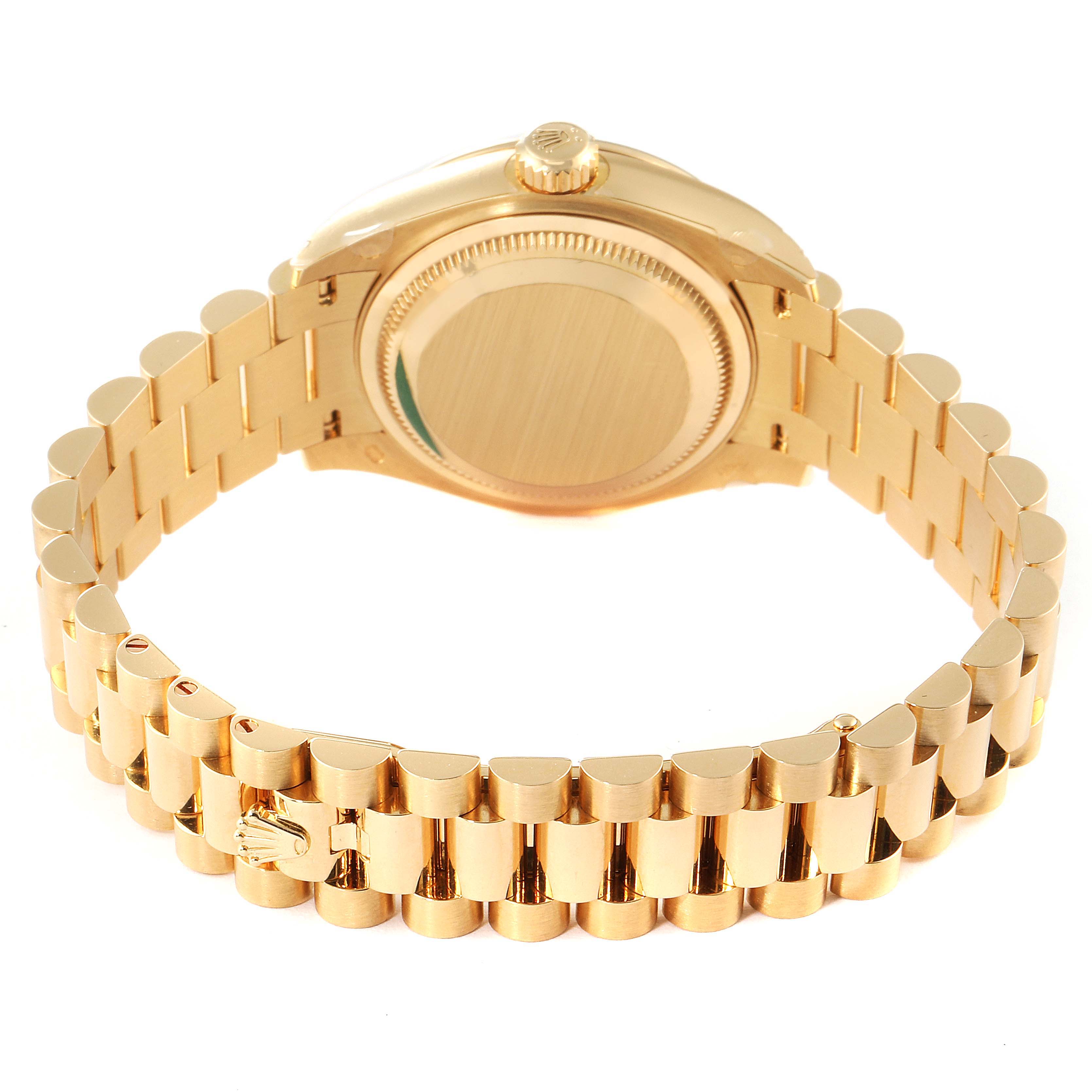The image shows the back and bracelet of the Rolex President 279138 Women's Yellow Gold Blue Dial 279138 Women's Yellow Gold Blue Dial model watch, viewed from the rear.