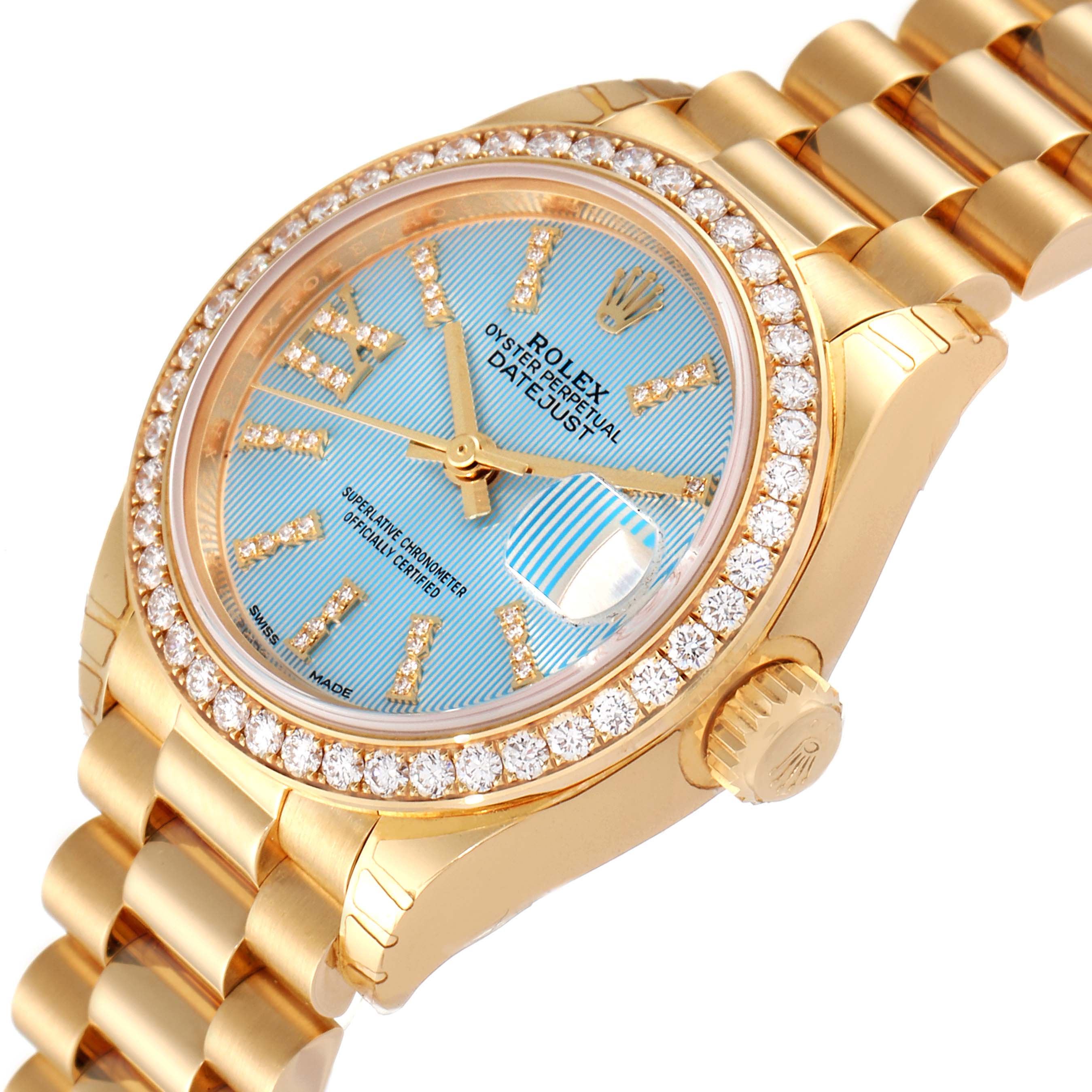 The image shows a Rolex President 279138 Women's Yellow Gold Blue Dial 279138 Women's Yellow Gold Blue Dial model watch from an angled top-down perspective highlighting the face, bezel, crown, and bracelet.