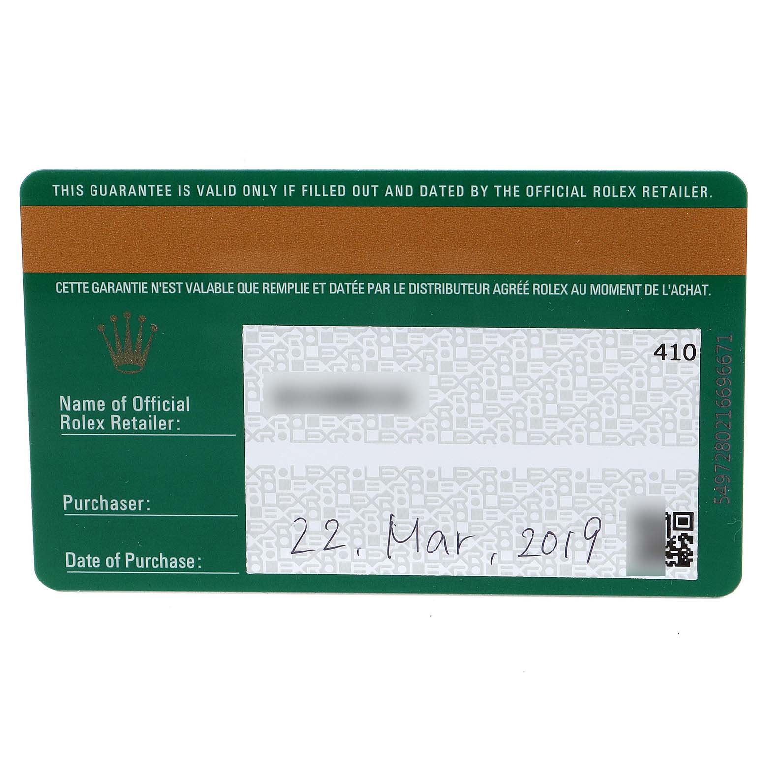 The image shows a filled warranty card for a Rolex President 279138 Women's Yellow Gold Blue Dial 279138 Women's Yellow Gold Blue Dial model, including the date of purchase and retailer details.