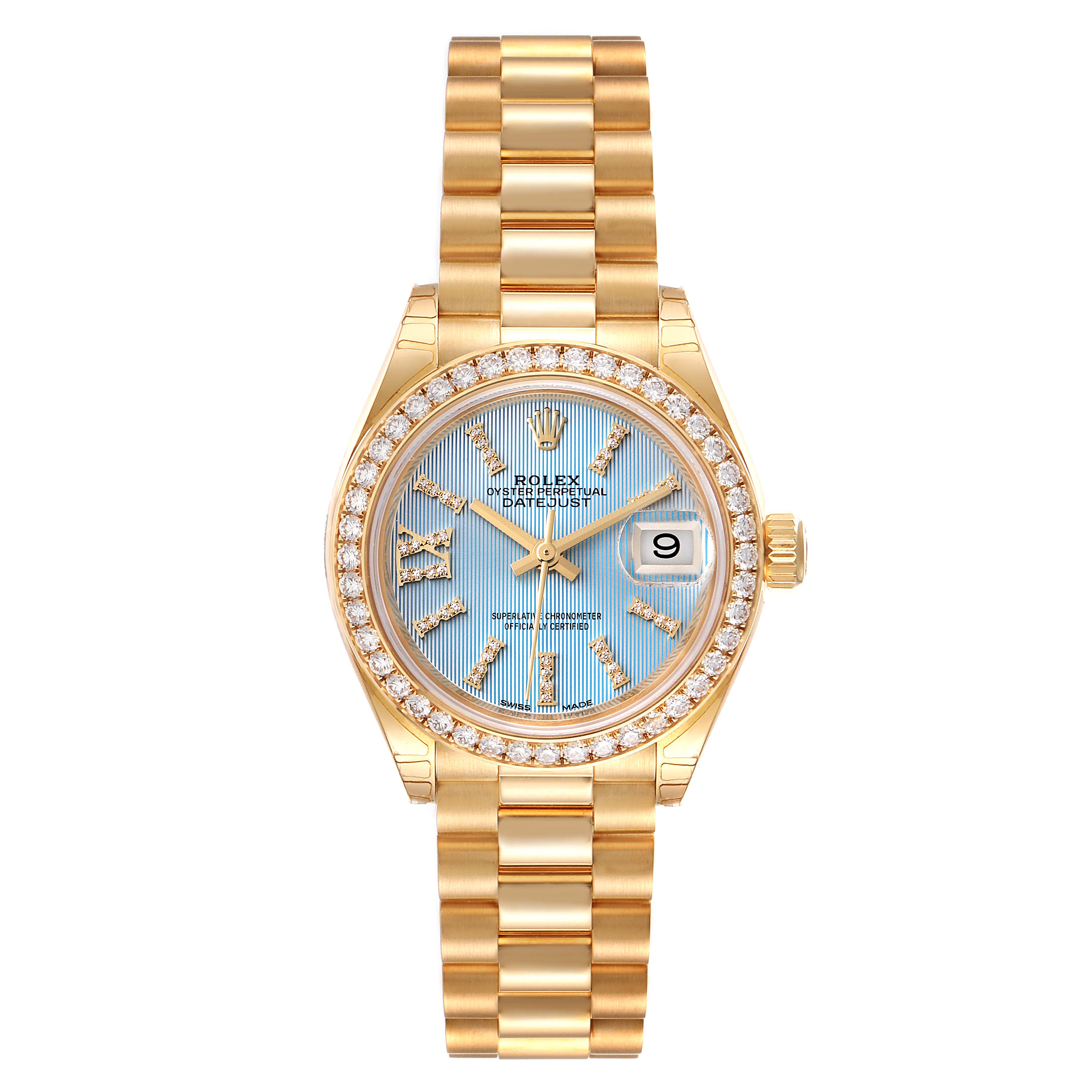 The image shows a frontal view of a Rolex President 279138 Women's Yellow Gold Blue Dial 279138 Women's Yellow Gold Blue Dial model watch, highlighting its bracelet, dial, bezel, and date window.