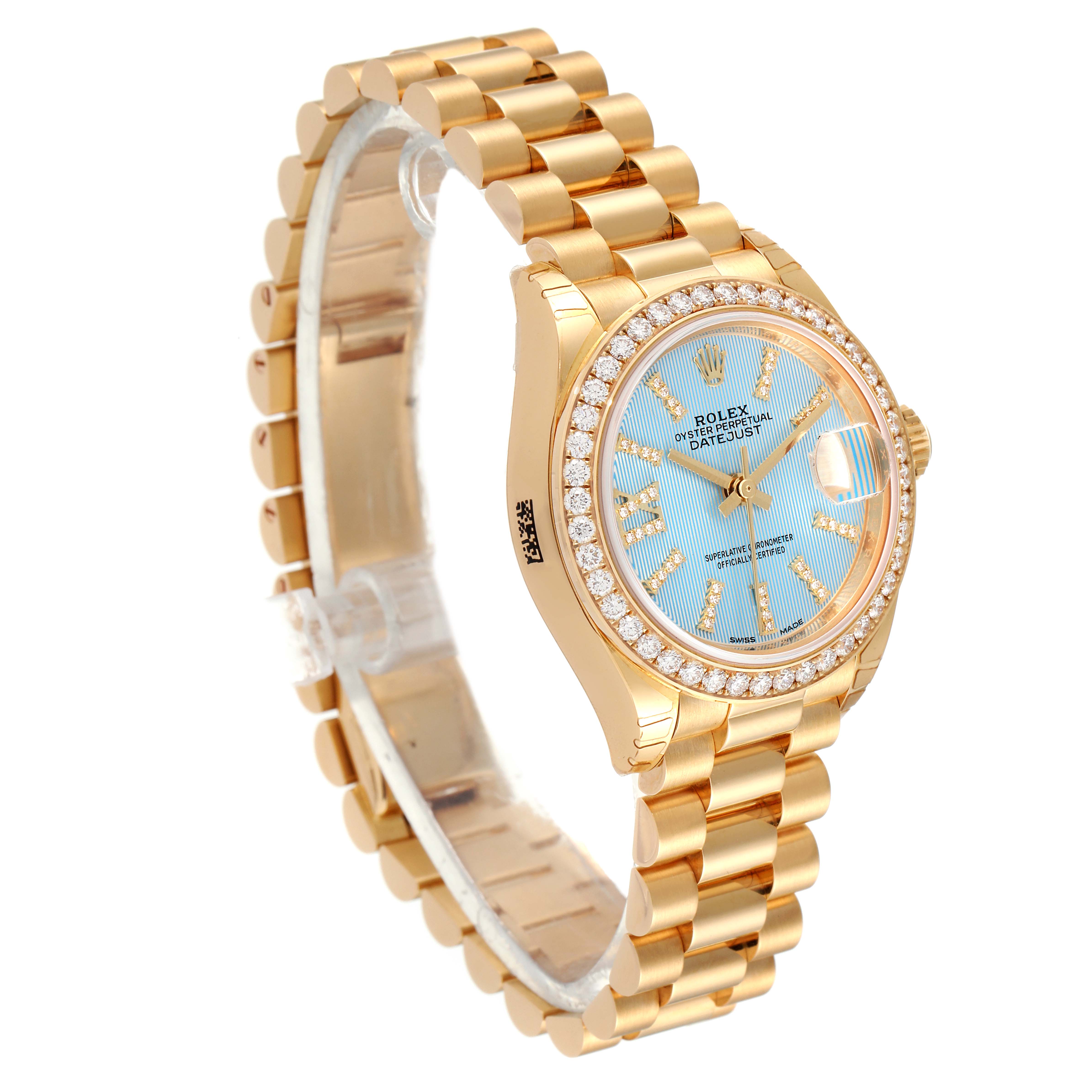 This image shows a side angle of a Rolex President 279138 Women's Yellow Gold Blue Dial 279138 Women's Yellow Gold Blue Dial model watch, highlighting its gold bracelet, blue dial, and diamond bezel.