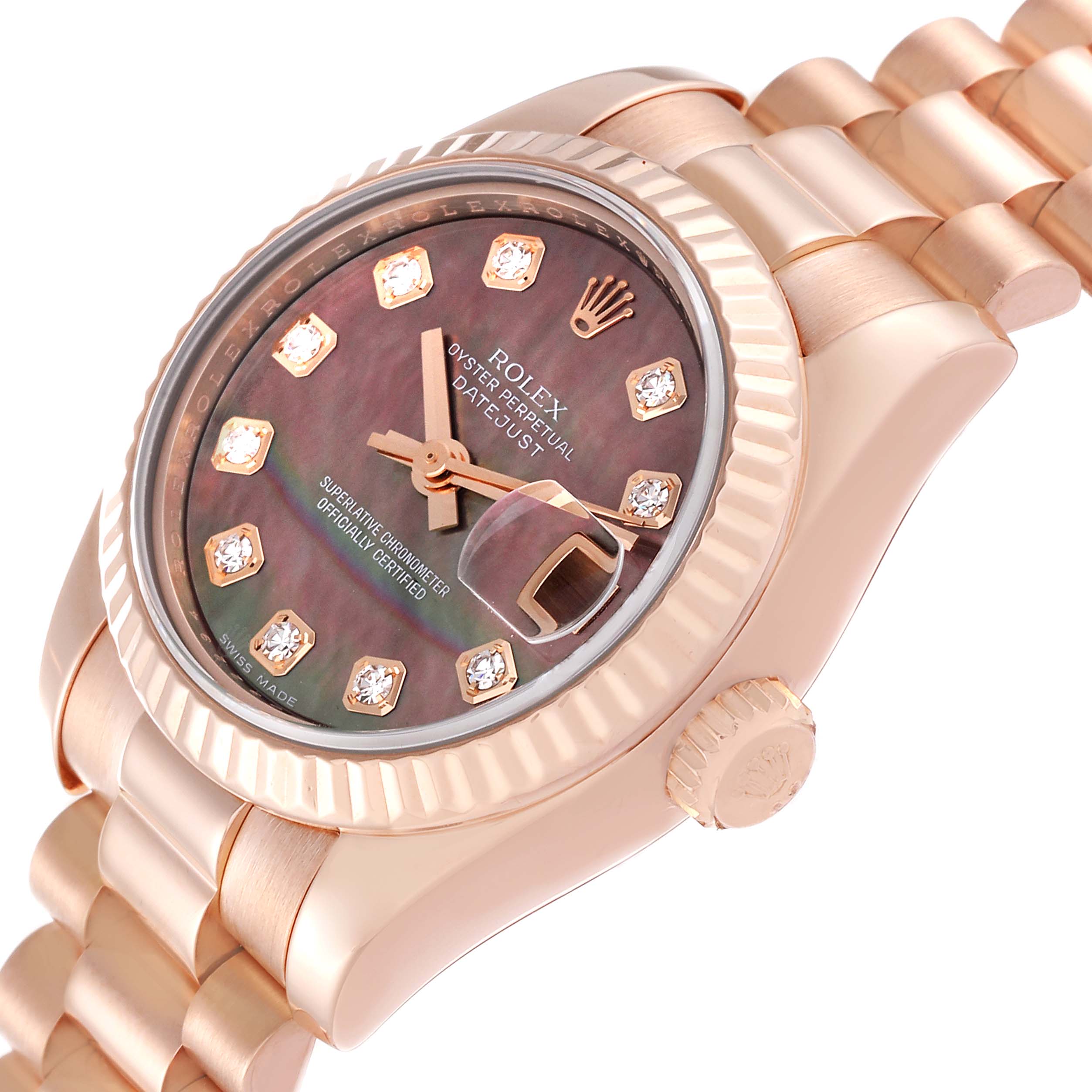 The Rolex President 179175 Women's Rose Gold Mother of Pearl Dial 179175 Women's Rose Gold Mother of Pearl Dial model watch is shown at an angled side view, displaying its face, bezel, bracelet, and crown.