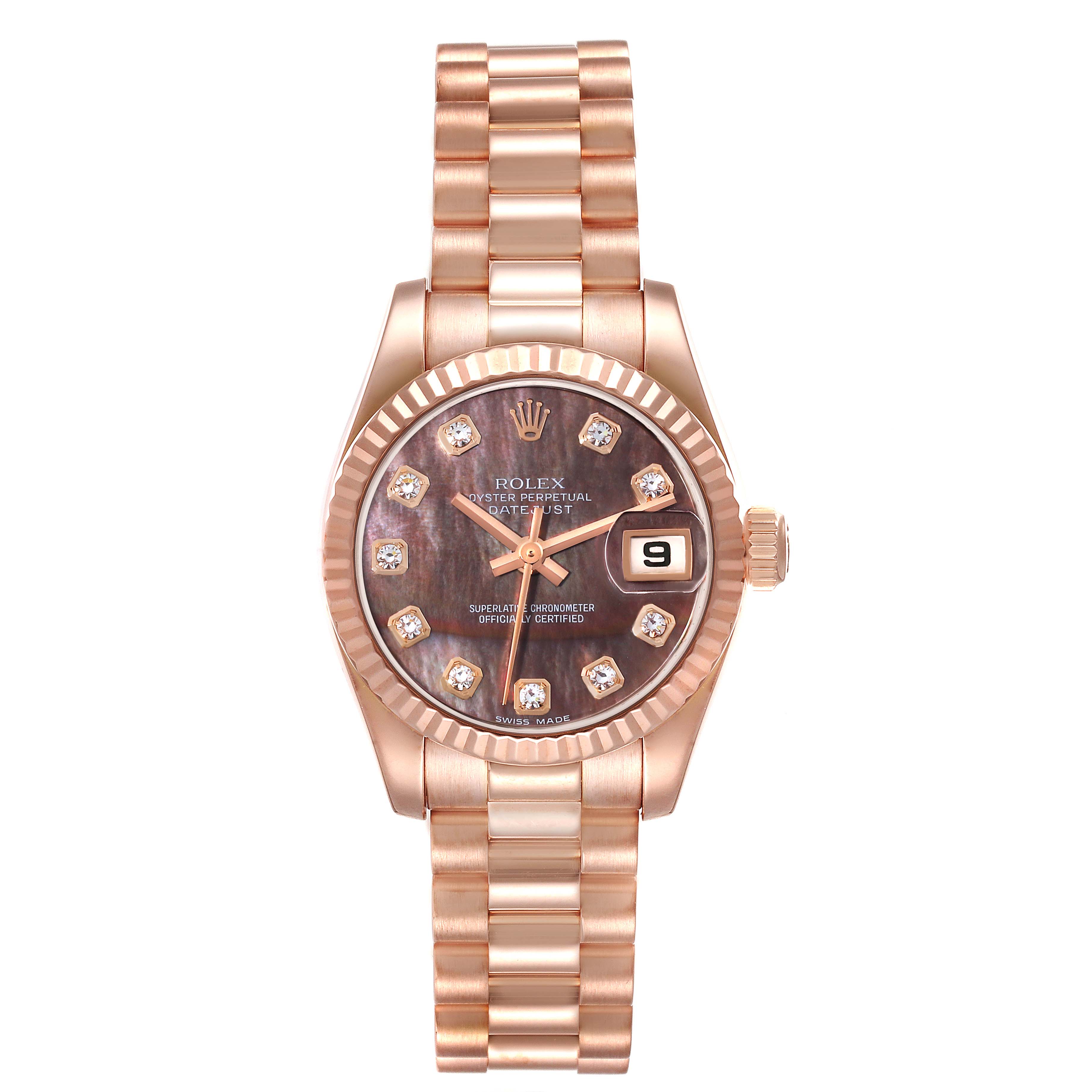 This image shows a front view of a Rolex President 179175 Women's Rose Gold Mother of Pearl Dial 179175 Women's Rose Gold Mother of Pearl Dial model watch, displaying the dial, hands, date window, bezel, and bracelet.