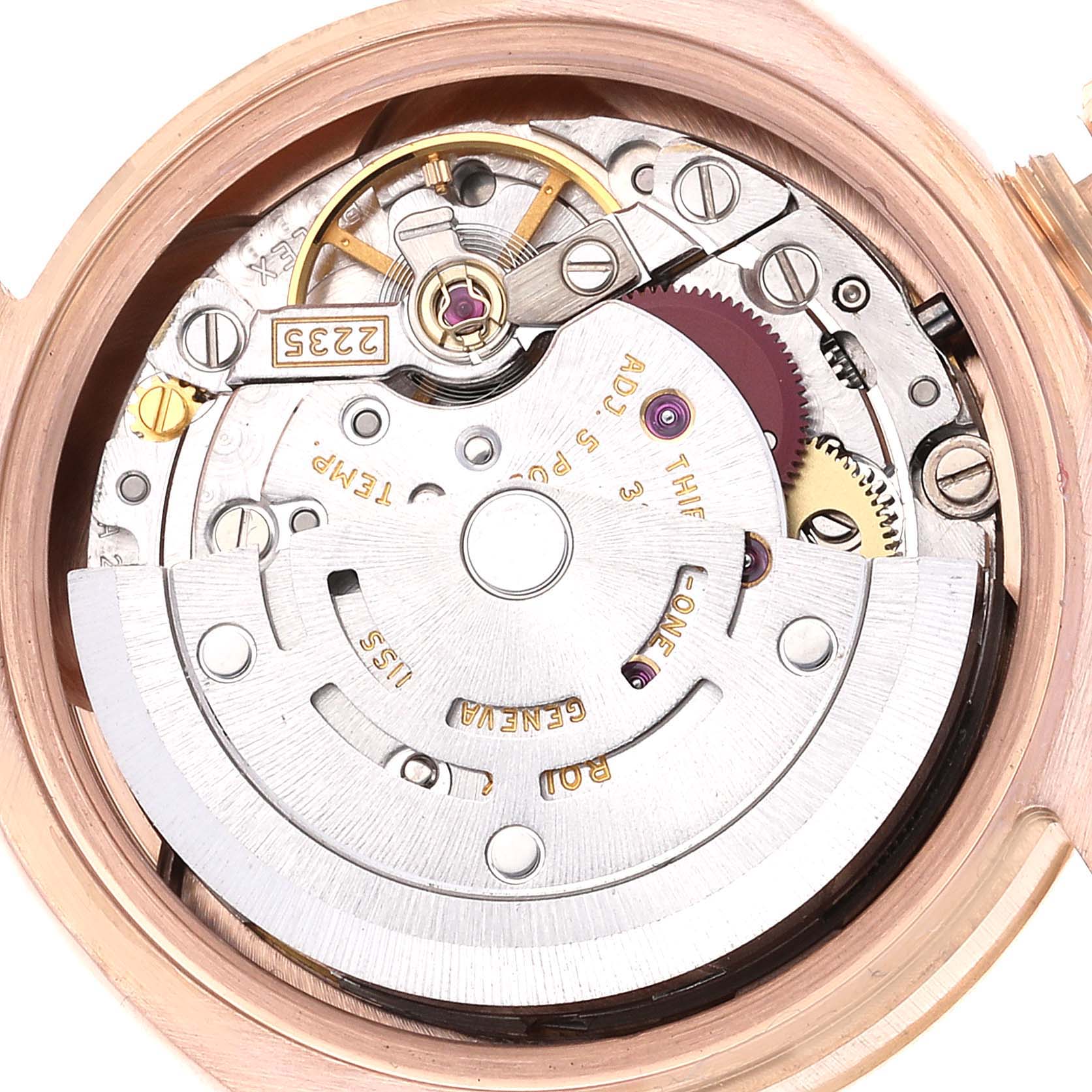 The image shows the internal mechanical movement of the Rolex President 179175 Women's Rose Gold Mother of Pearl Dial 179175 Women's Rose Gold Mother of Pearl Dial model watch from a back view.