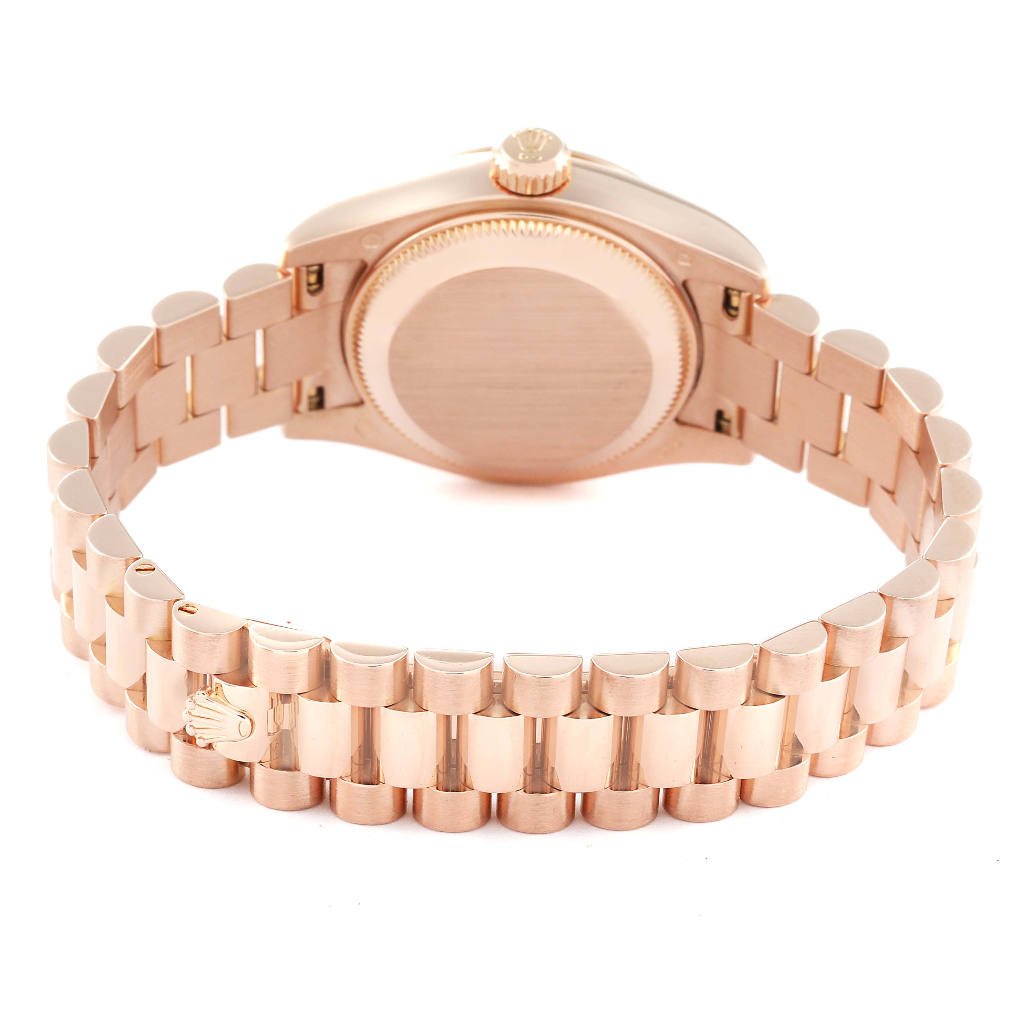 The image shows the back view of a Rolex President 179175 Women's Rose Gold Mother of Pearl Dial 179175 Women's Rose Gold Mother of Pearl Dial model watch, highlighting its rose gold bracelet and case back.