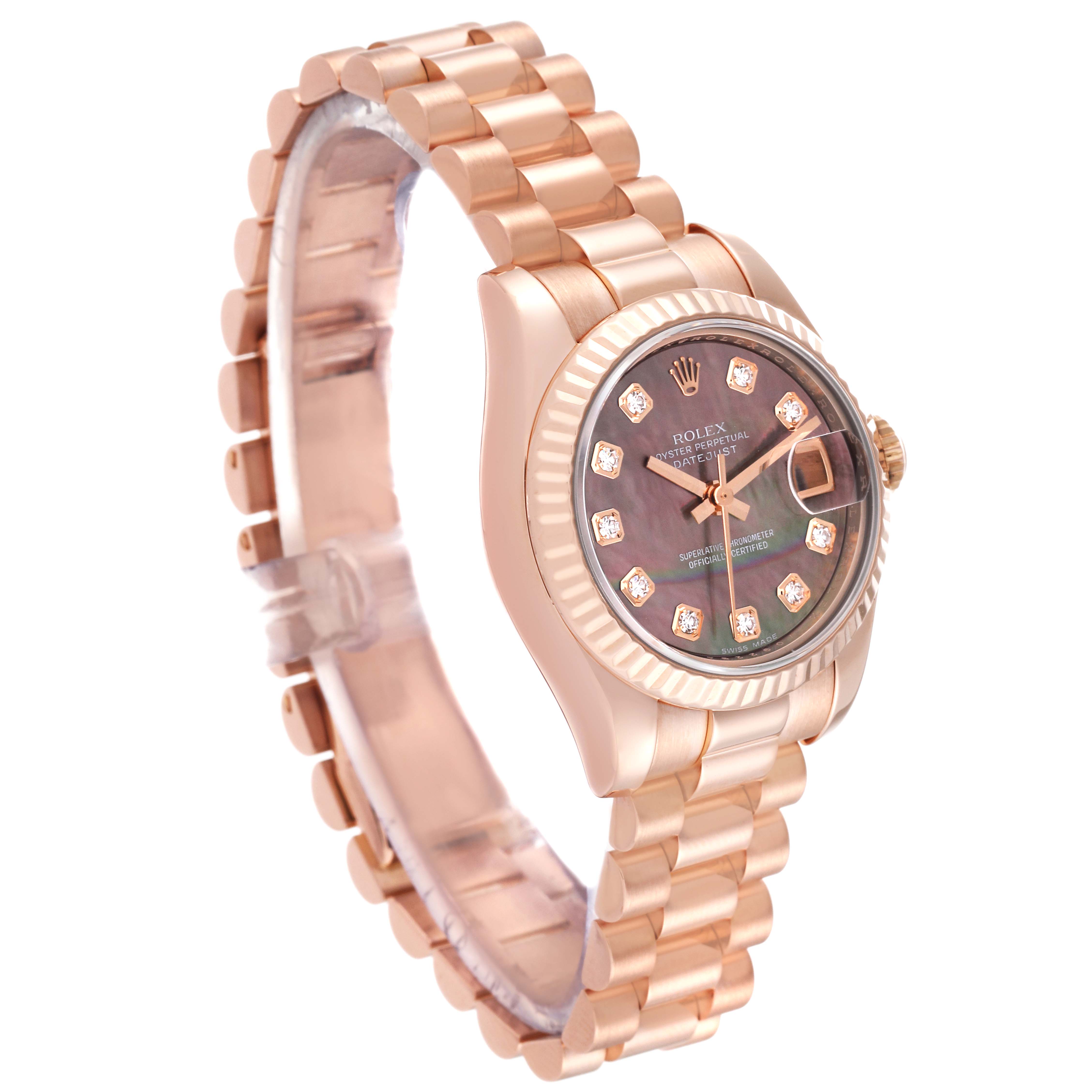This image shows a side angle of the Rolex President 179175 Women's Rose Gold Mother of Pearl Dial 179175 Women's Rose Gold Mother of Pearl Dial model watch highlighting the bracelet, case, and face.