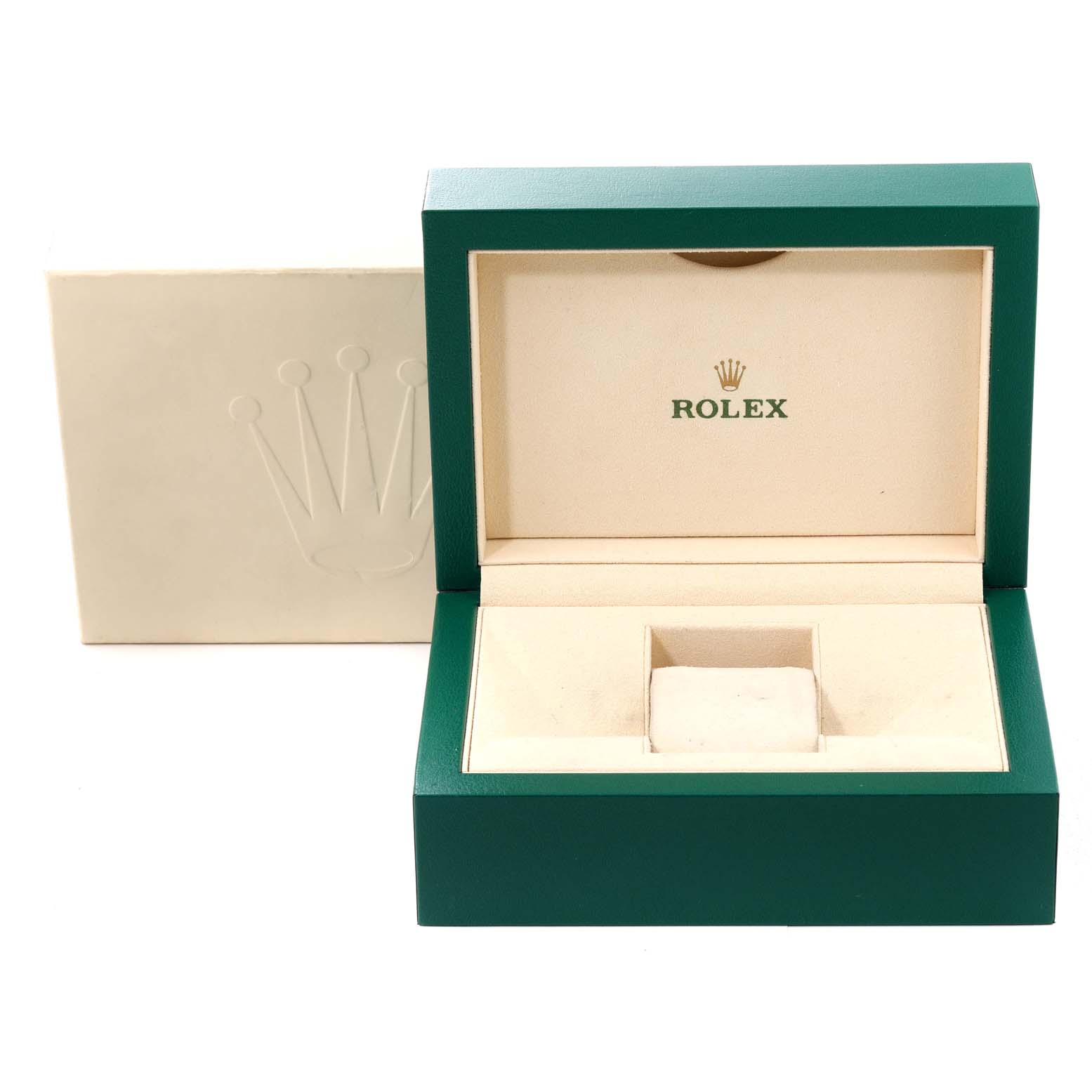 The image shows a green and beige Rolex President 179175 Women's Rose Gold Mother of Pearl Dial 179175 Women's Rose Gold Mother of Pearl Dial model watch box with the cover opened, and an outer cream-colored box.