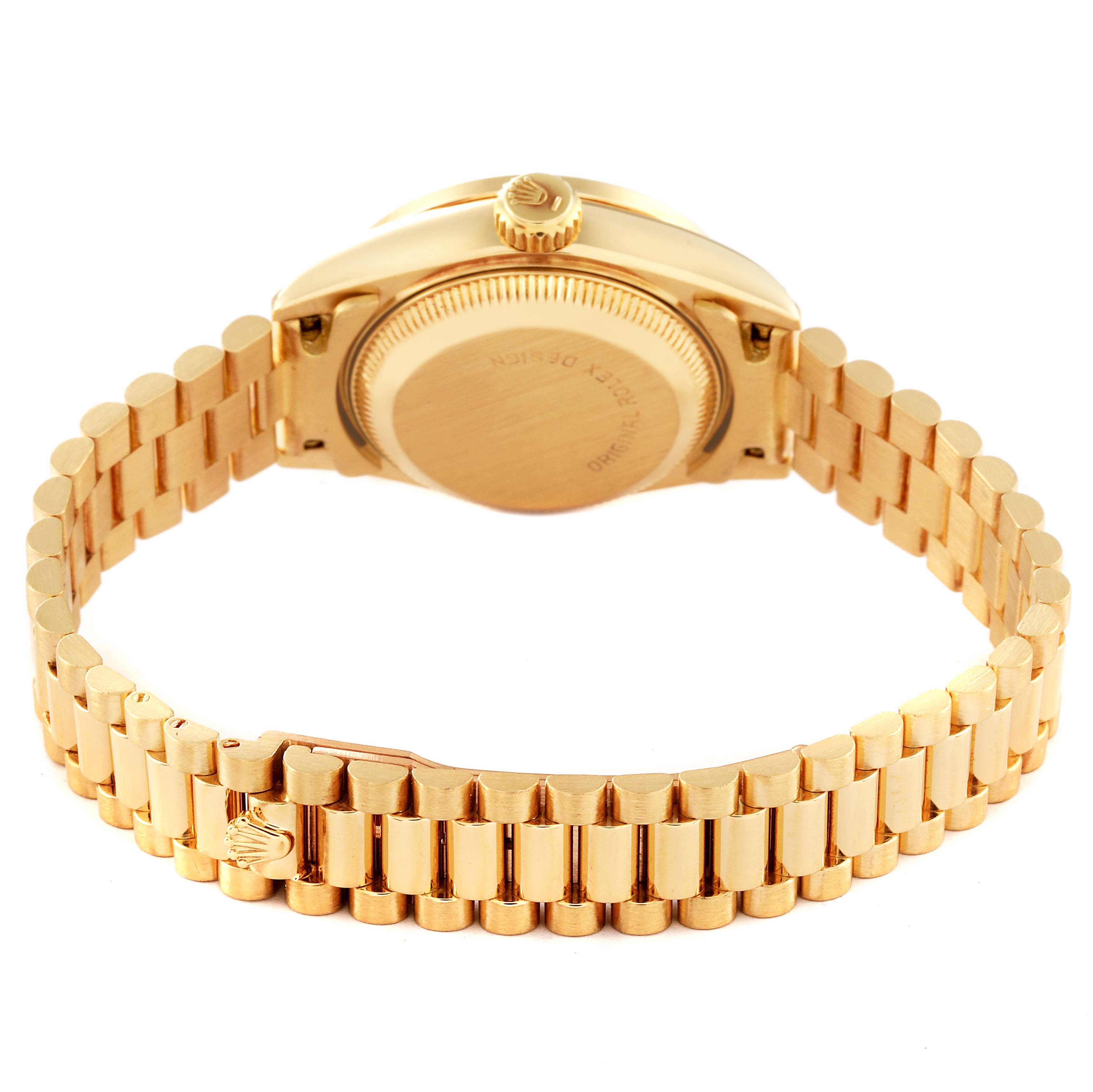 The image shows the back case and bracelet of a Rolex President 69158 Women's Yellow Gold Mother of Pearl Dial 69158 Women's Yellow Gold Mother of Pearl Dial model watch from a rear angle.