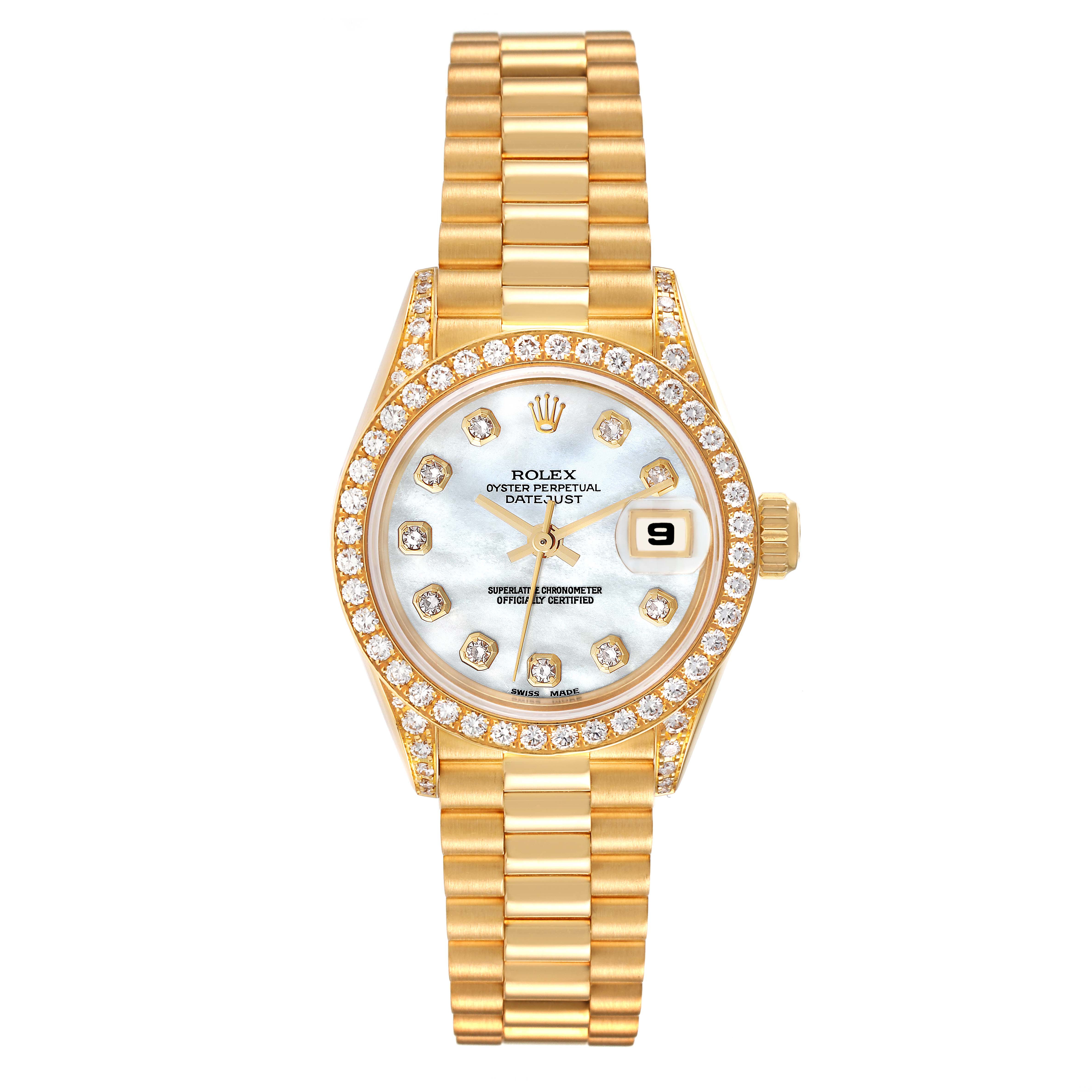 The Rolex President 69158 Women's Yellow Gold Mother of Pearl Dial 69158 Women's Yellow Gold Mother of Pearl Dial model watch is shown from a top-down angle, displaying its gold bracelet, diamond bezel, and date display.
