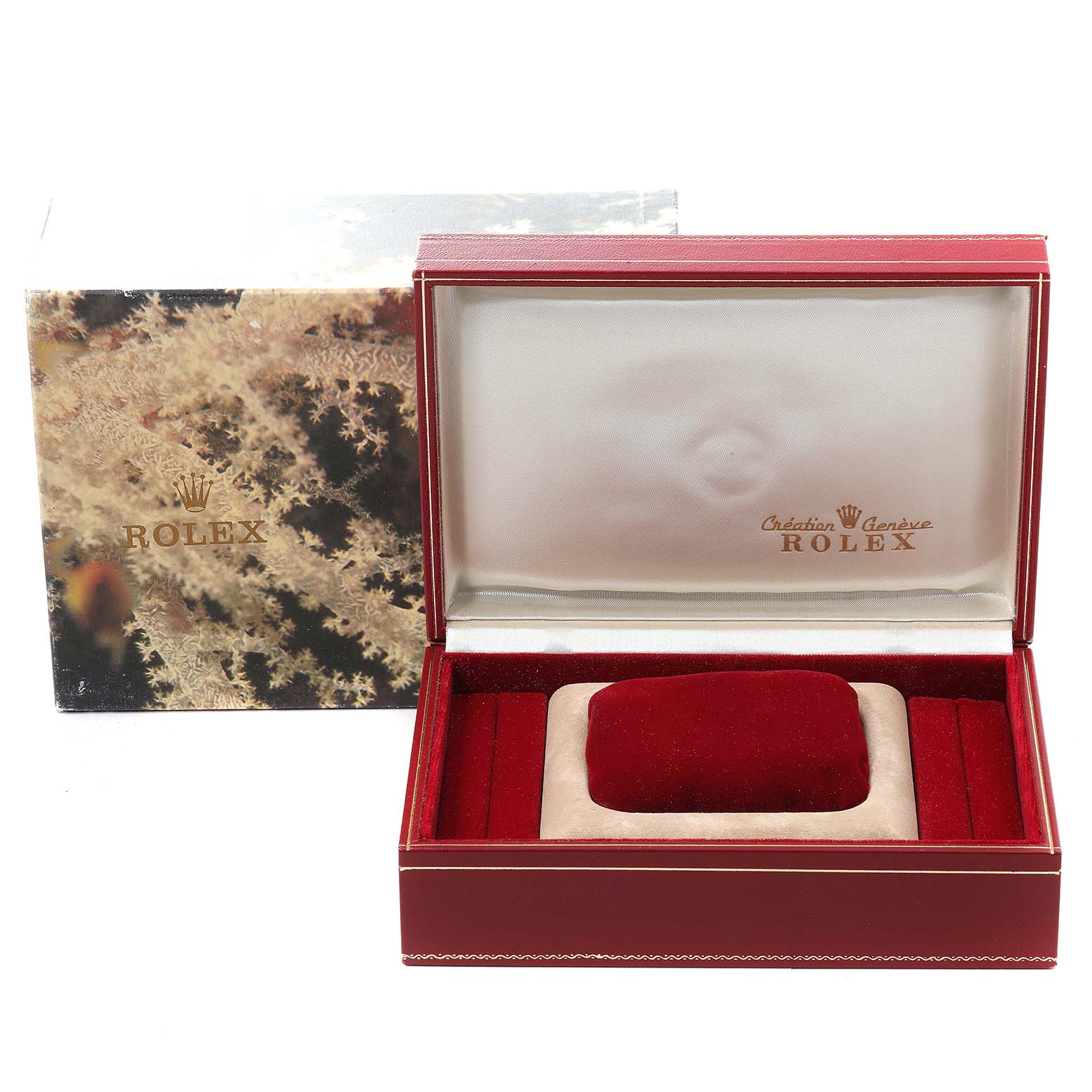 The image shows an empty Rolex President 69158 Women's Yellow Gold Mother of Pearl Dial 69158 Women's Yellow Gold Mother of Pearl Dial model watch box at an angle, highlighting its external box, inner lid, and cushion.