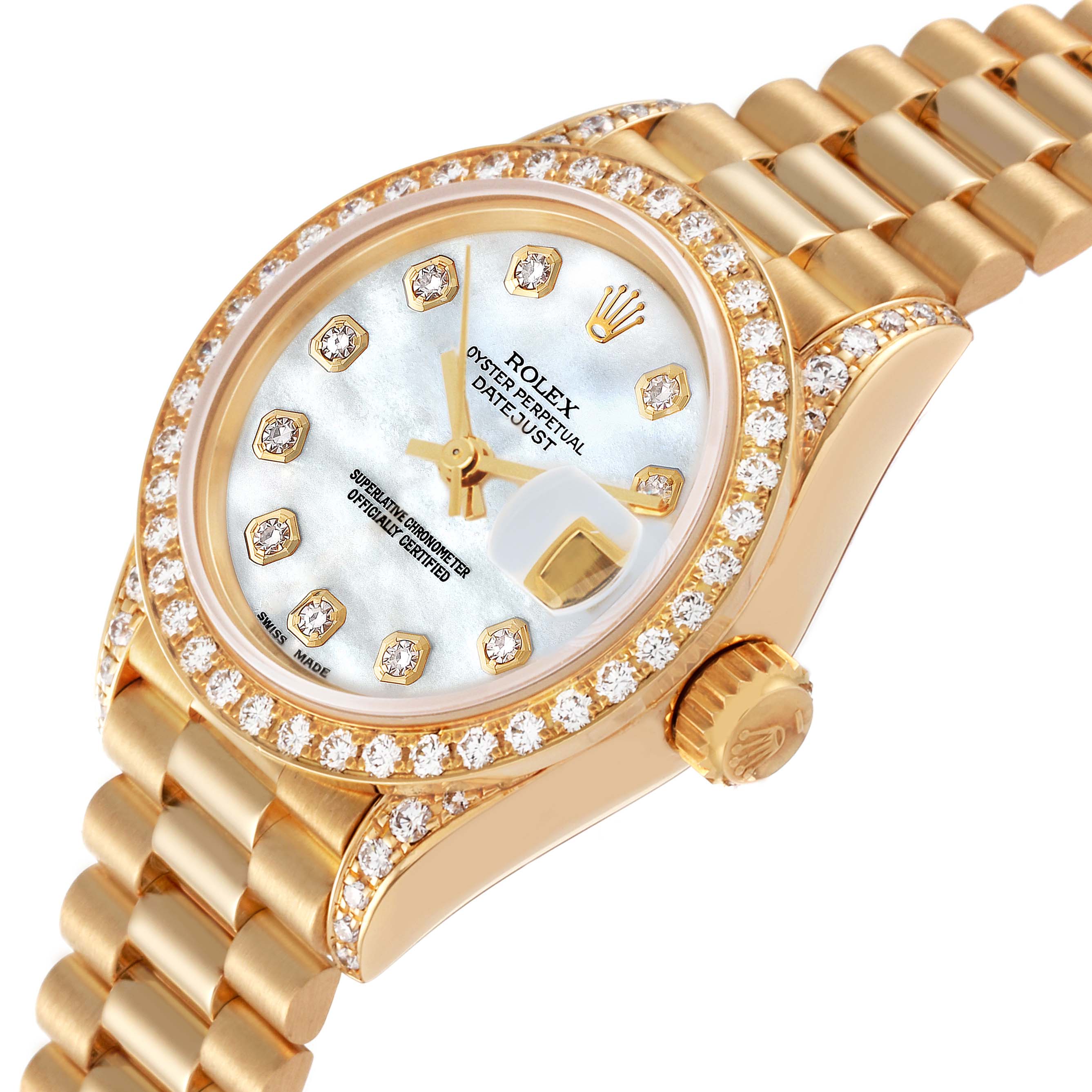 The image shows a Rolex President 69158 Women's Yellow Gold Mother of Pearl Dial 69158 Women's Yellow Gold Mother of Pearl Dial model watch at a slight angle, highlighting its gold bracelet, diamond bezel, and watch face.
