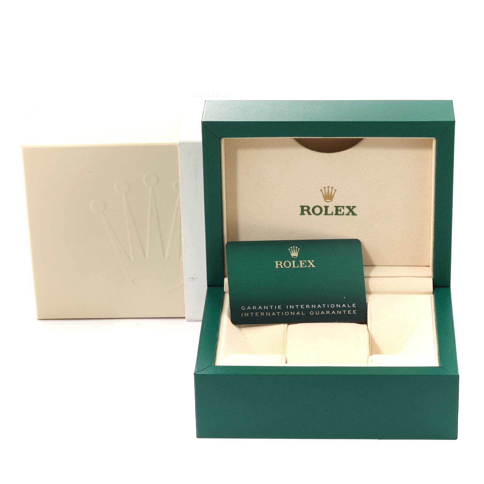 The image shows the open box and international guarantee card for a Rolex Sea-Dweller 126603 Men's Steel and Gold (two tone) Black Dial 126603 Men's Steel and Gold (two tone) Black Dial watch.