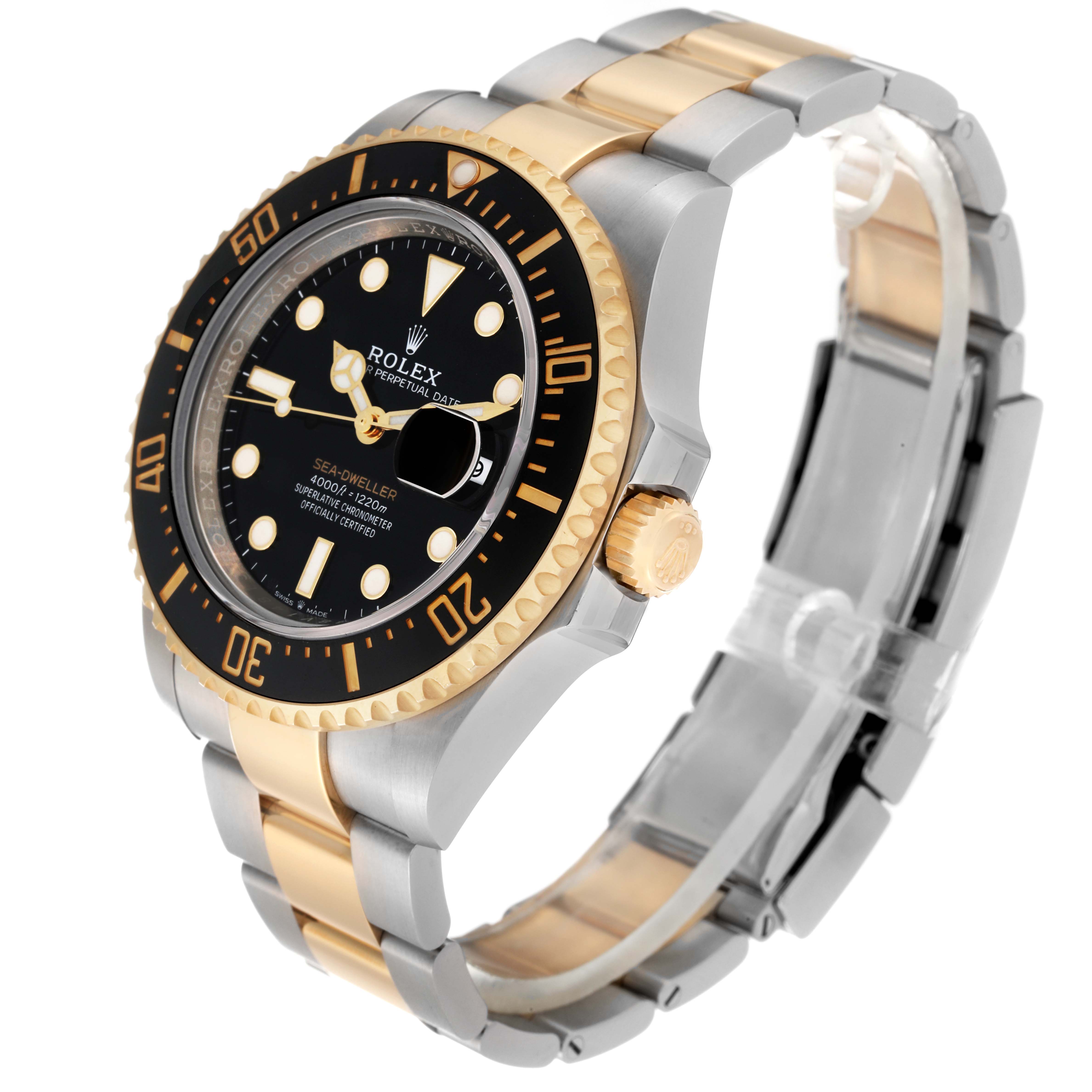 The Rolex Sea-Dweller 126603 Men's Steel and Gold (two tone) Black Dial 126603 Men's Steel and Gold (two tone) Black Dial watch is shown at a three-quarter angle, highlighting its bezel, dial, bracelet, and crown.