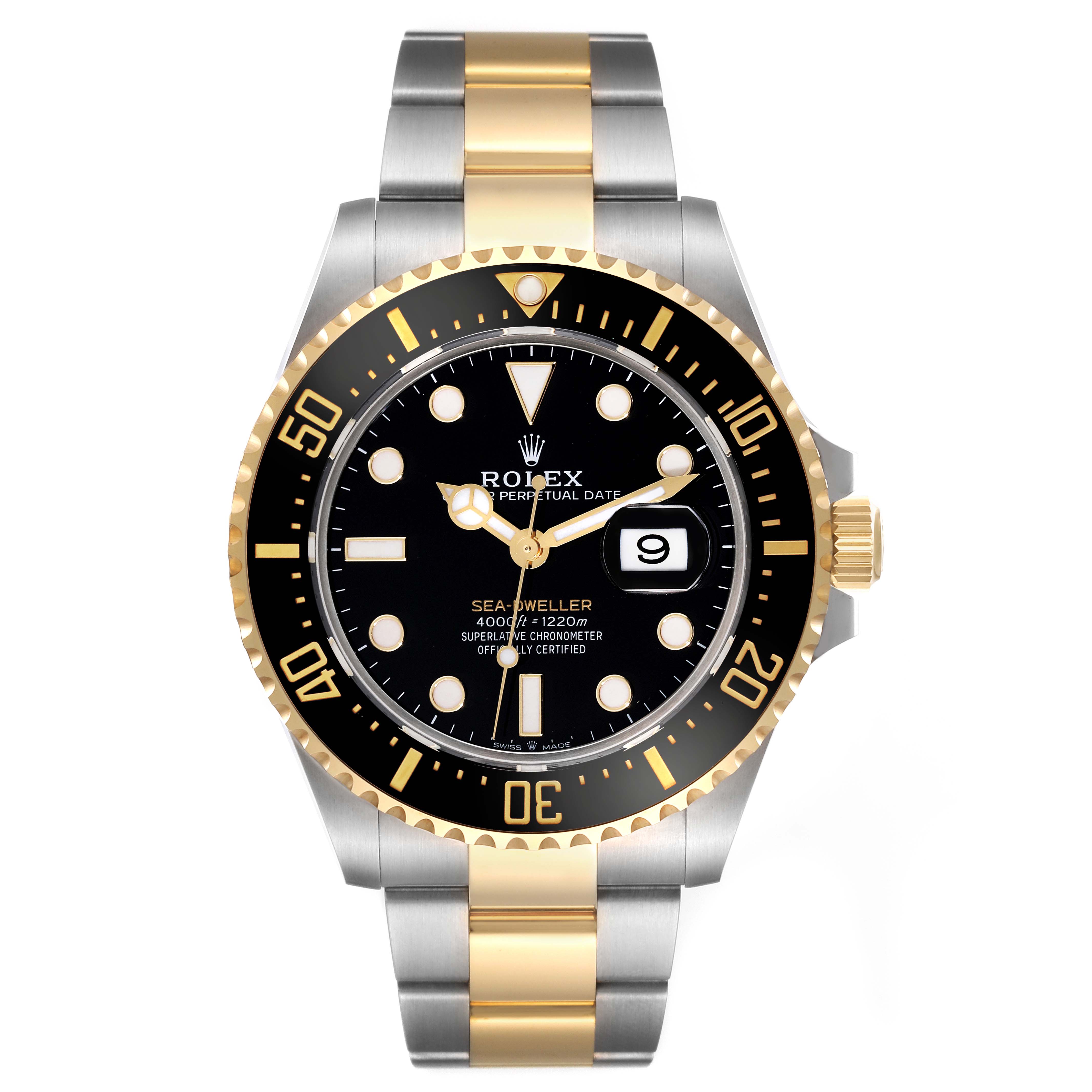 The image shows a front view of the Rolex Sea-Dweller 126603 Men's Steel and Gold (two tone) Black Dial 126603 Men's Steel and Gold (two tone) Black Dial watch, displaying its dial, bezel, and bracelet.