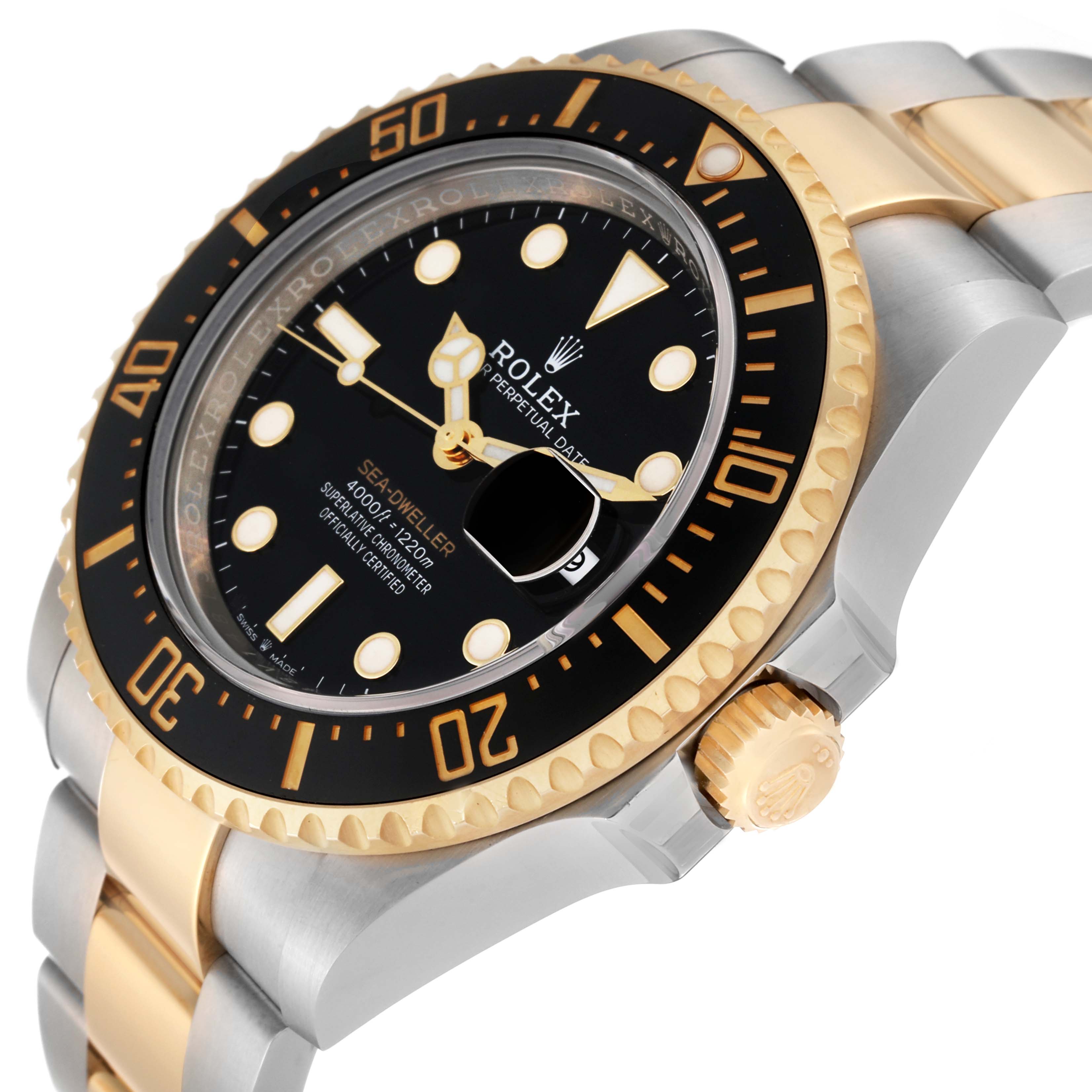 The image shows a side angle of the Rolex Sea-Dweller 126603 Men's Steel and Gold (two tone) Black Dial 126603 Men's Steel and Gold (two tone) Black Dial watch, highlighting the dial, bezel, and bracelet.