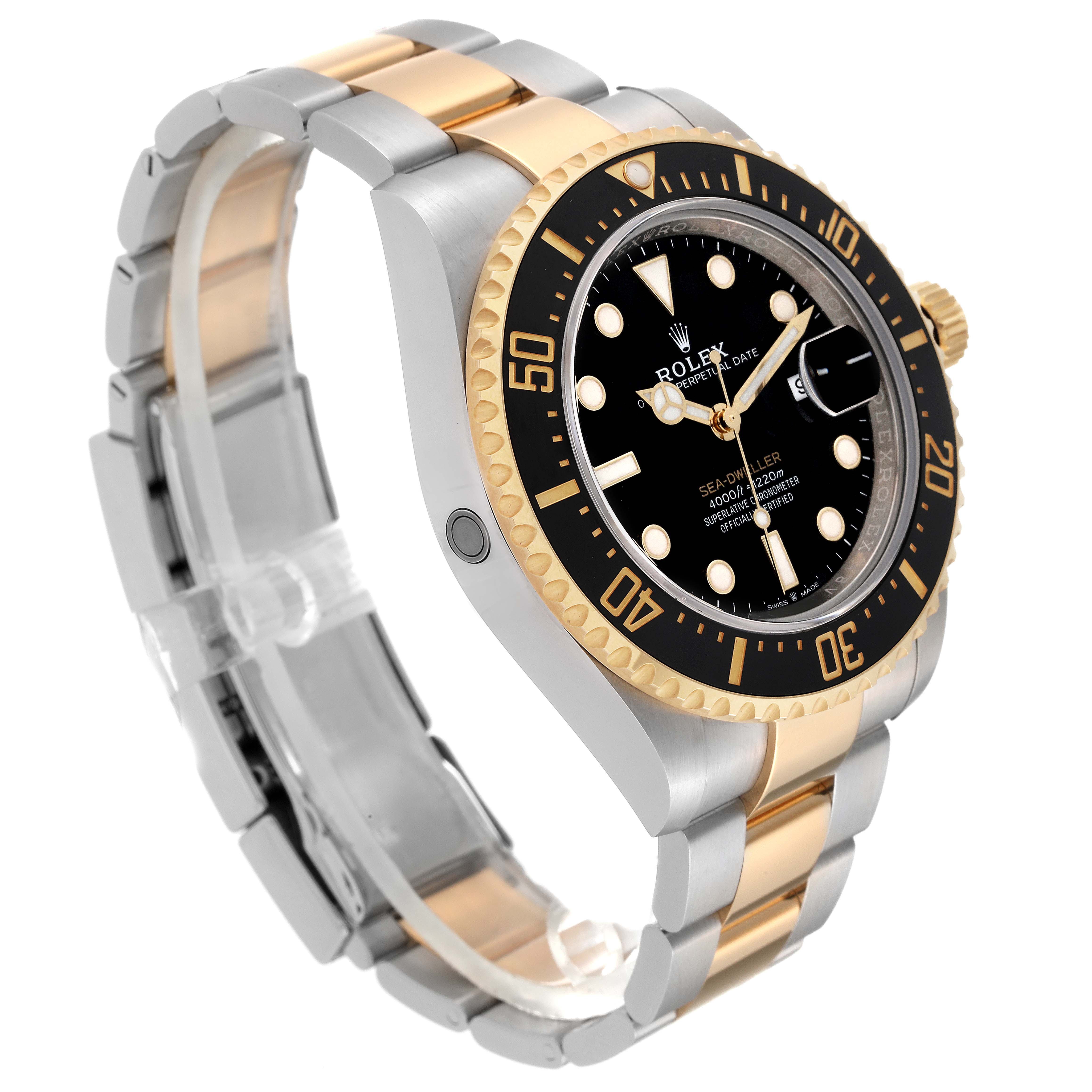 The image shows a side-angle view of the Rolex Sea-Dweller 126603 Men's Steel and Gold (two tone) Black Dial 126603 Men's Steel and Gold (two tone) Black Dial watch, highlighting its dial, bezel, and bracelet.