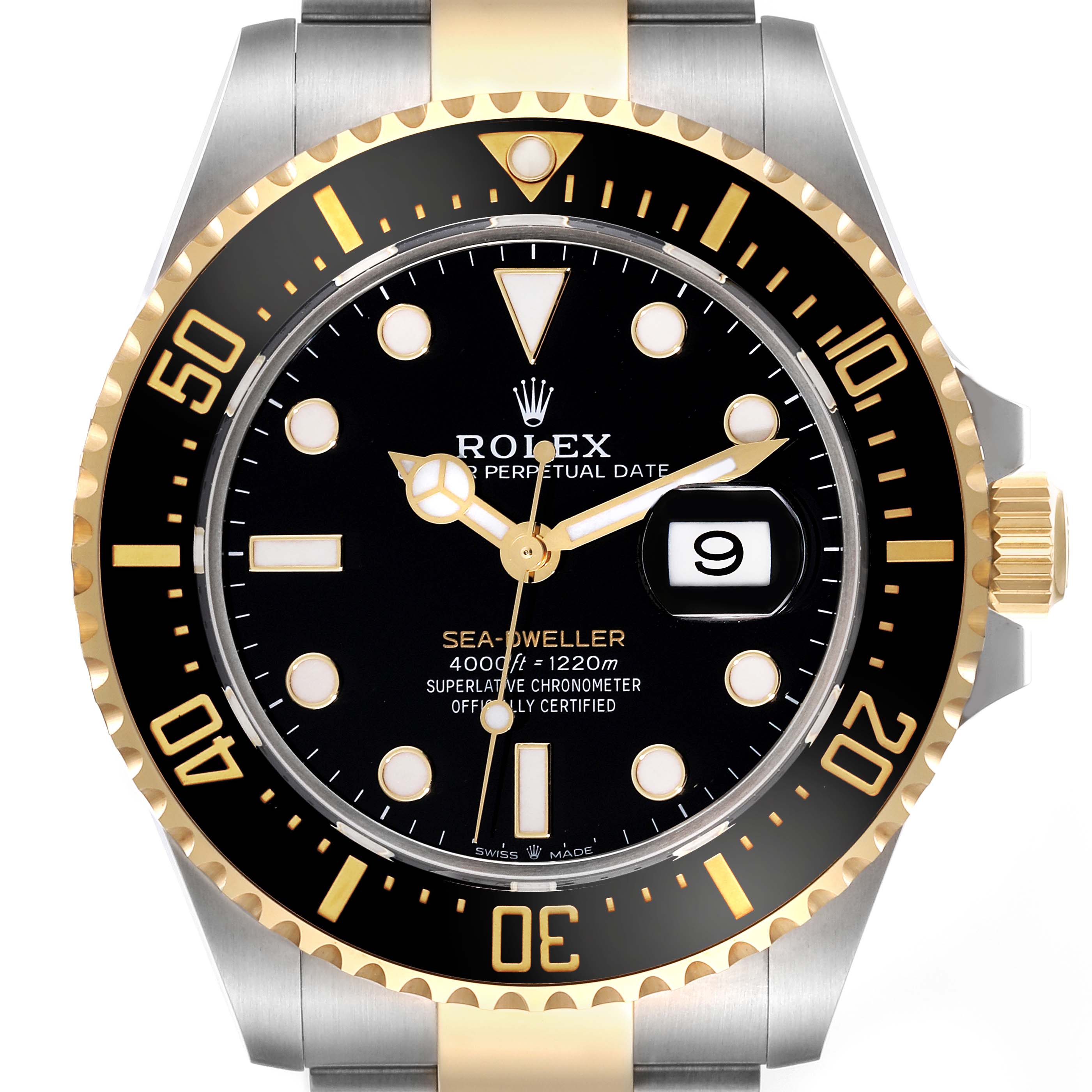 This image shows a front view of the Rolex Sea-Dweller 126603 Men's Steel and Gold (two tone) Black Dial 126603 Men's Steel and Gold (two tone) Black Dial watch featuring its dial, bezel, and part of the bracelet.