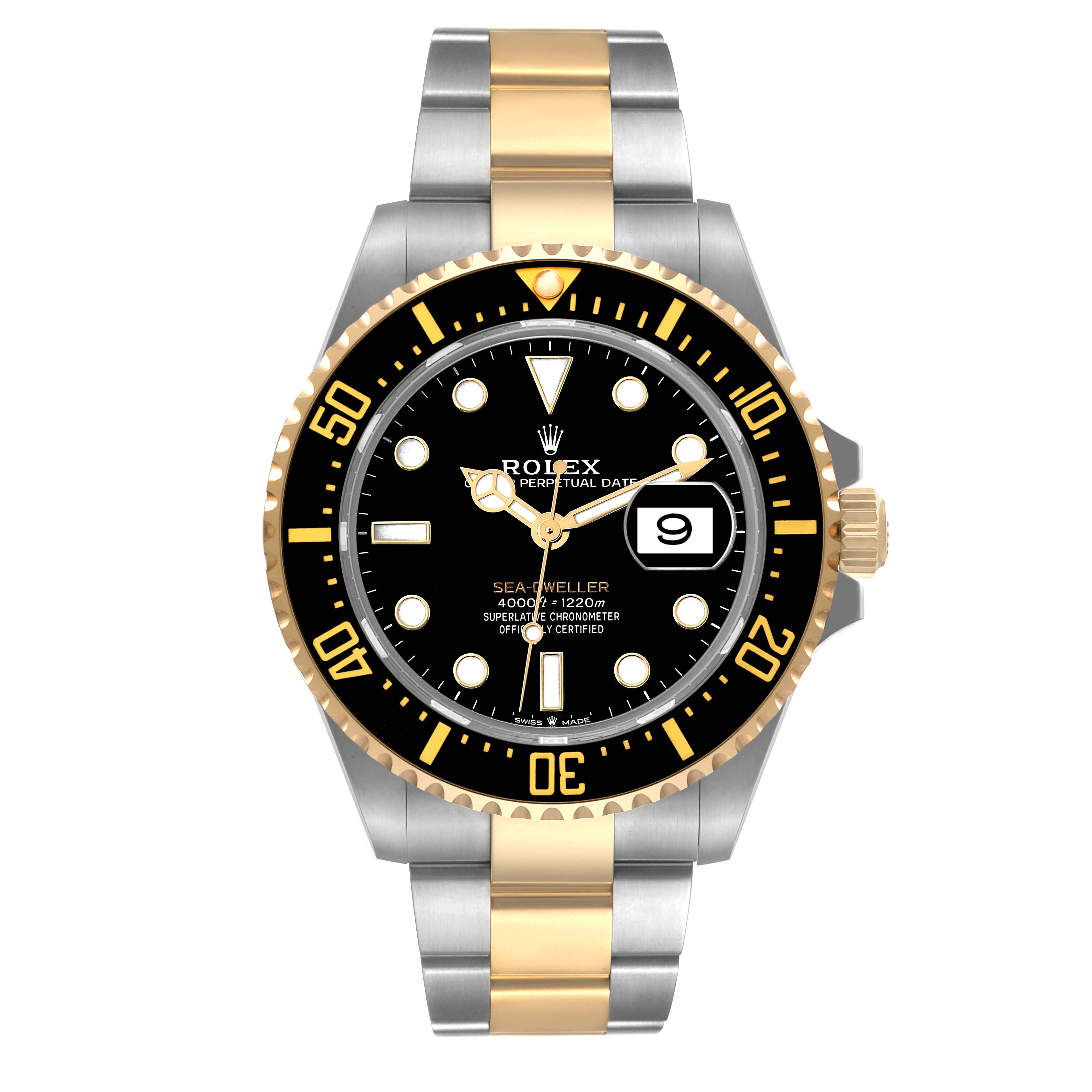 The image shows a frontal view of the Rolex Sea-Dweller 126603 Men's Steel and Gold (two tone) Black Dial 126603 Men's Steel and Gold (two tone) Black Dial watch, highlighting the face, bezel, and two-tone bracelet.