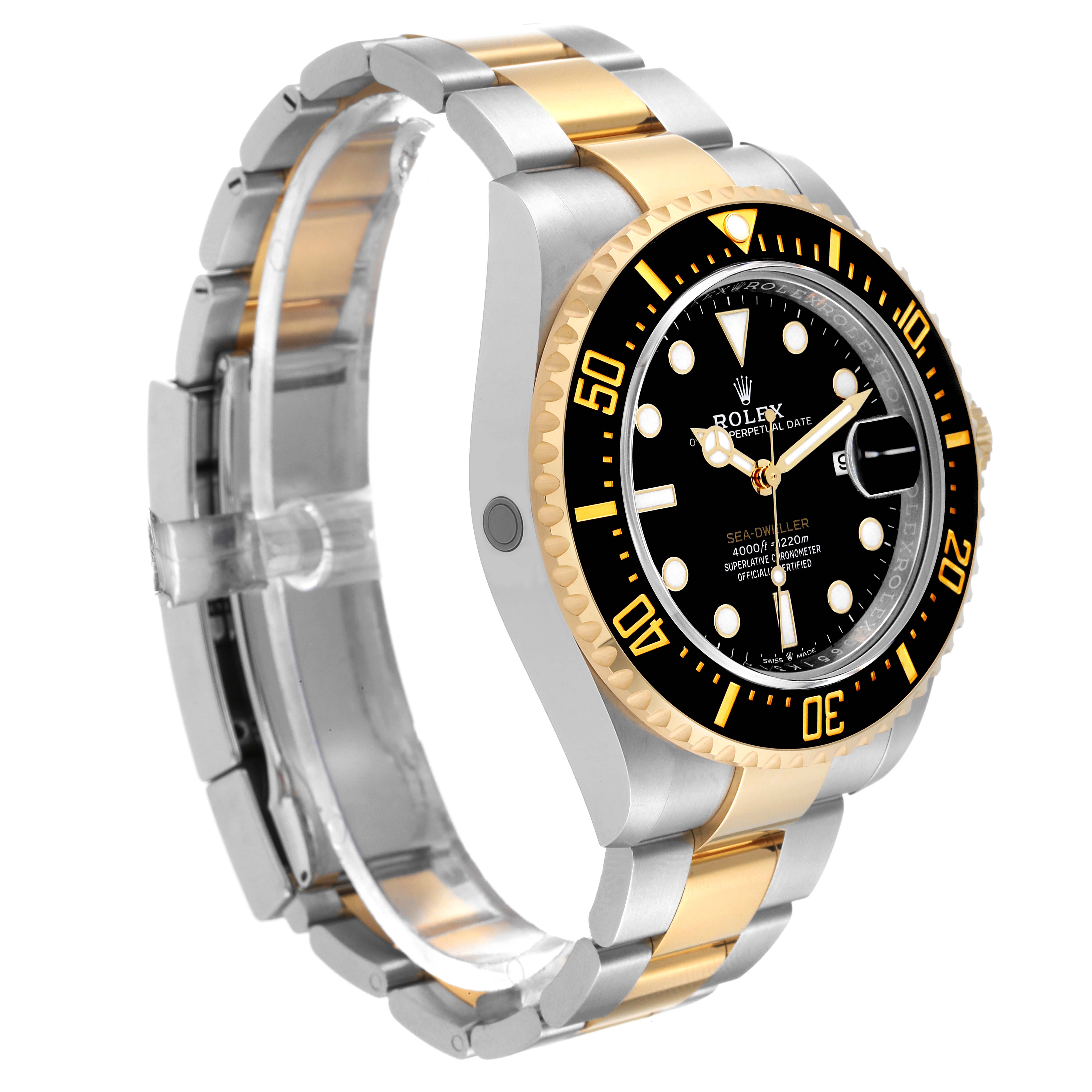 This image shows a side view of a Rolex Sea-Dweller 126603 Men's Steel and Gold (two tone) Black Dial 126603 Men's Steel and Gold (two tone) Black Dial watch, highlighting its bezel, dial, and two-tone bracelet.
