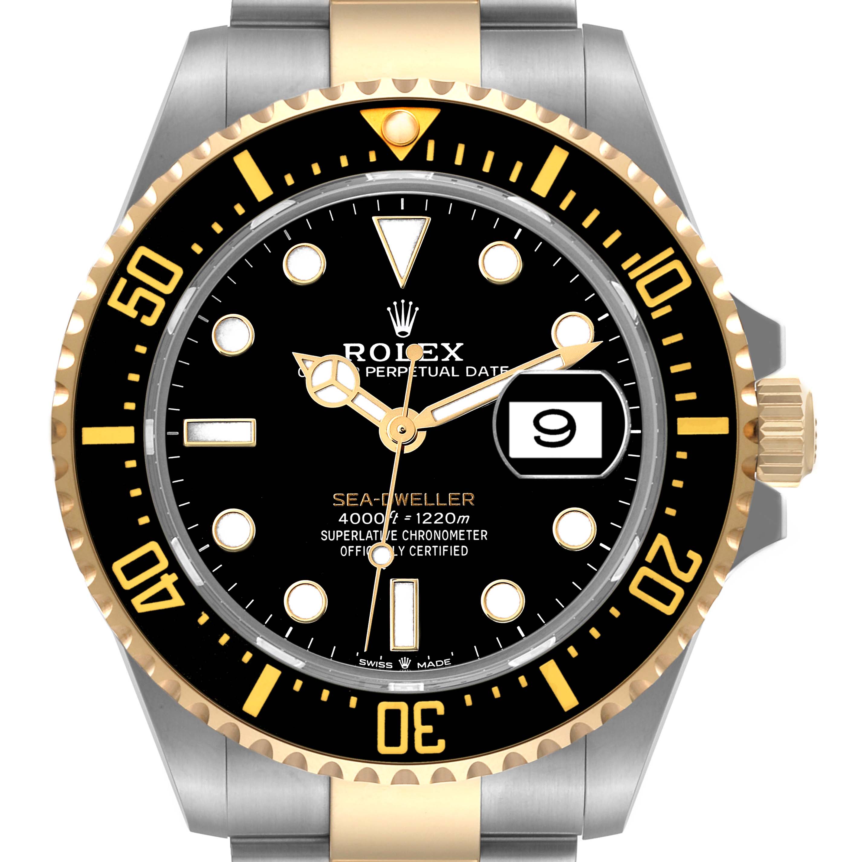 The image shows a front view of a Rolex Sea-Dweller 126603 Men's Steel and Gold (two tone) Black Dial 126603 Men's Steel and Gold (two tone) Black Dial watch, highlighting its black dial, gold bezel, and date window.