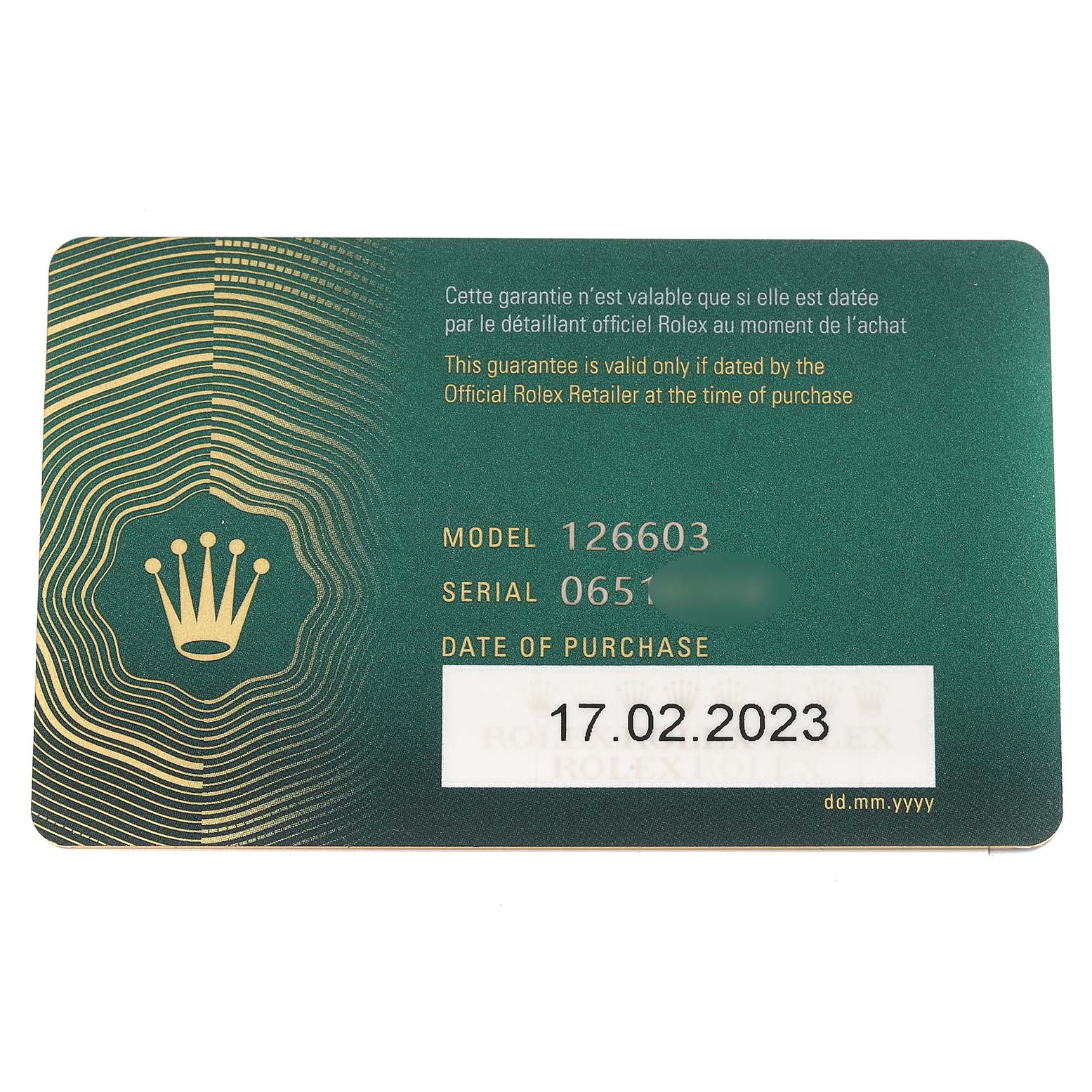 The image shows a warranty card for a Rolex Sea-Dweller 126603 Men's Steel and Gold (two tone) Black Dial 126603 Men's Steel and Gold (two tone) Black Dial model 126603, displaying the model number, serial number, and purchase date.
