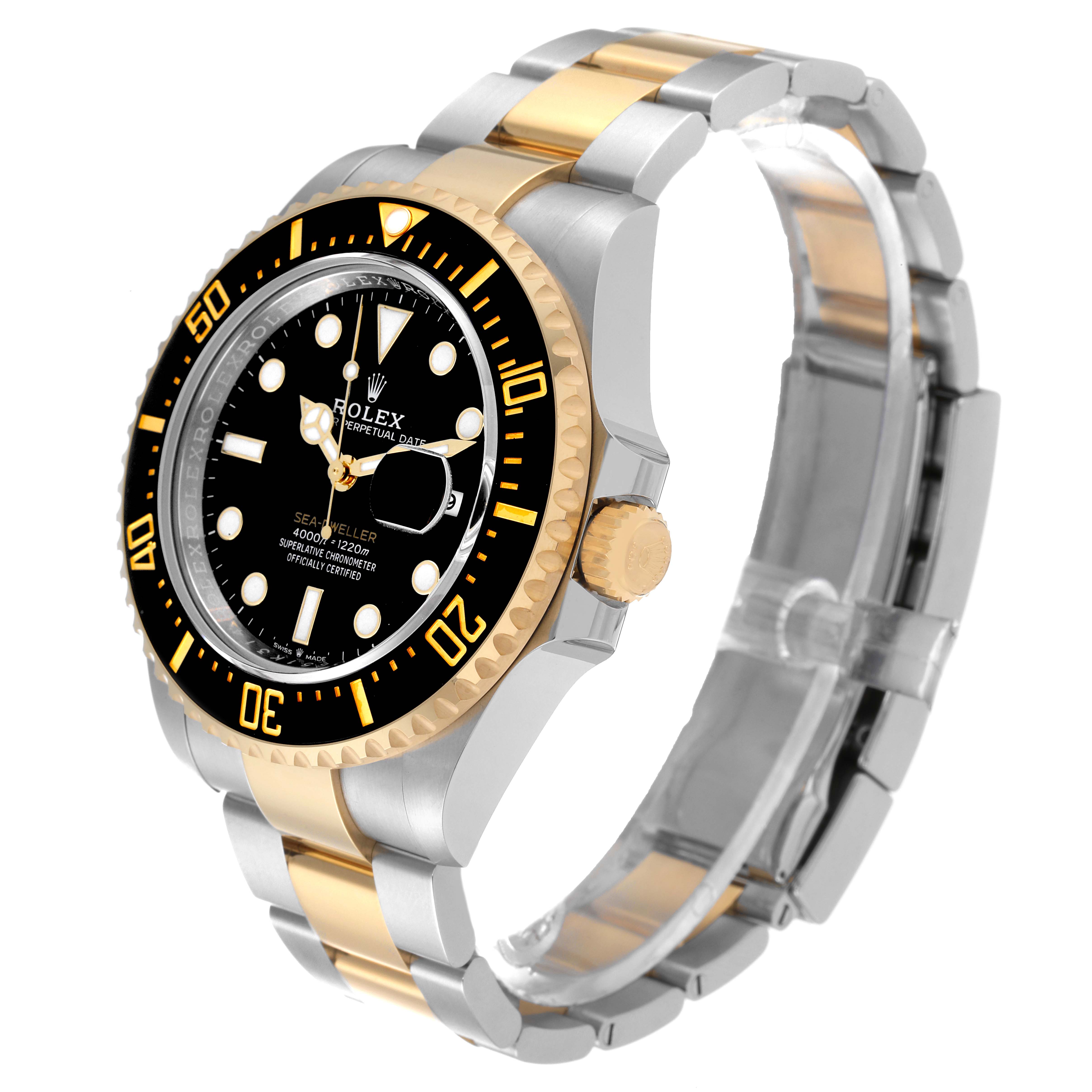 The Rolex Sea-Dweller 126603 Men's Steel and Gold (two tone) Black Dial 126603 Men's Steel and Gold (two tone) Black Dial is shown at an angle displaying the dial, bezel, crown, and metal bracelet.