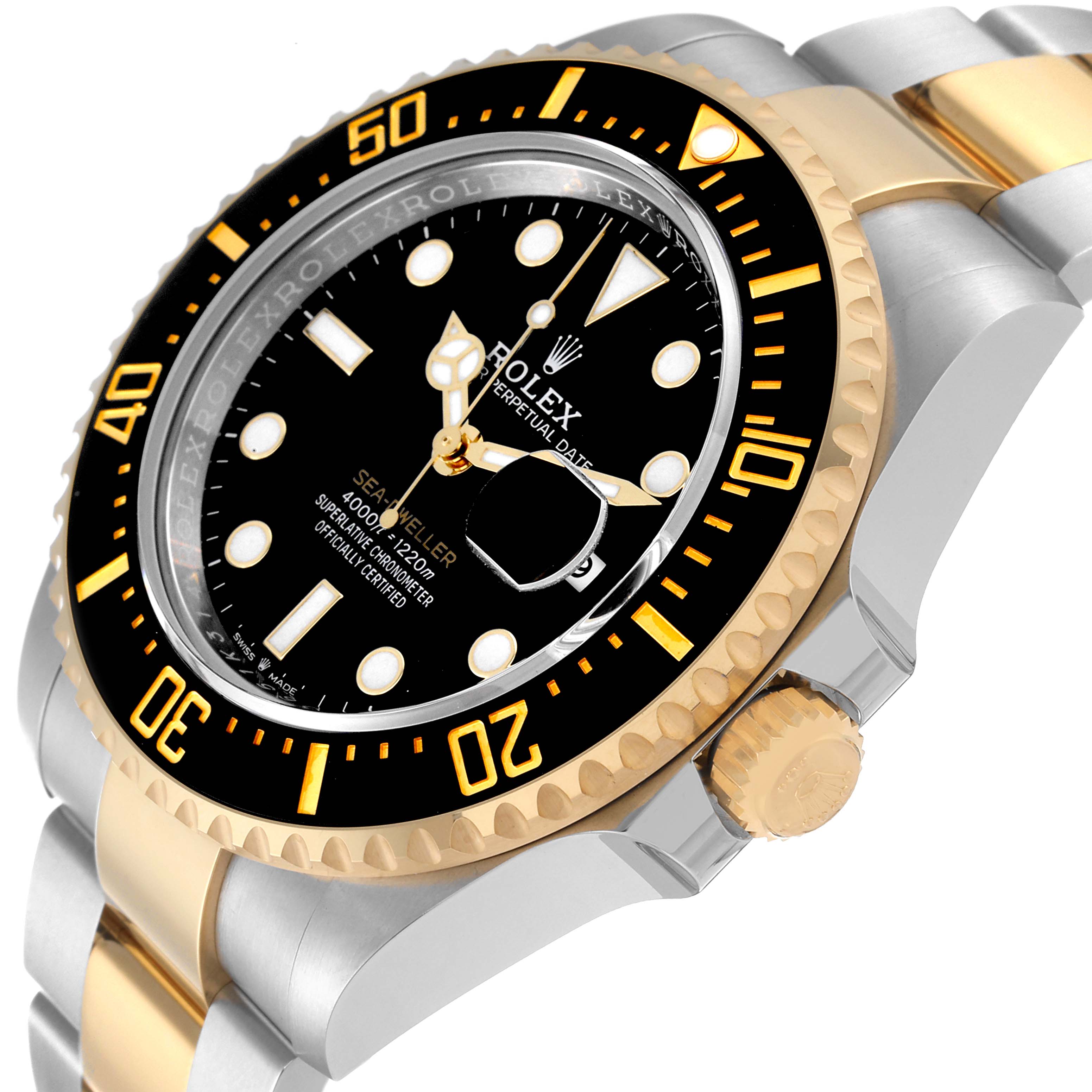 This image shows a close-up, angled view of the Rolex Sea-Dweller 126603 Men's Steel and Gold (two tone) Black Dial 126603 Men's Steel and Gold (two tone) Black Dial watch's face, bezel, and part of the bracelet.