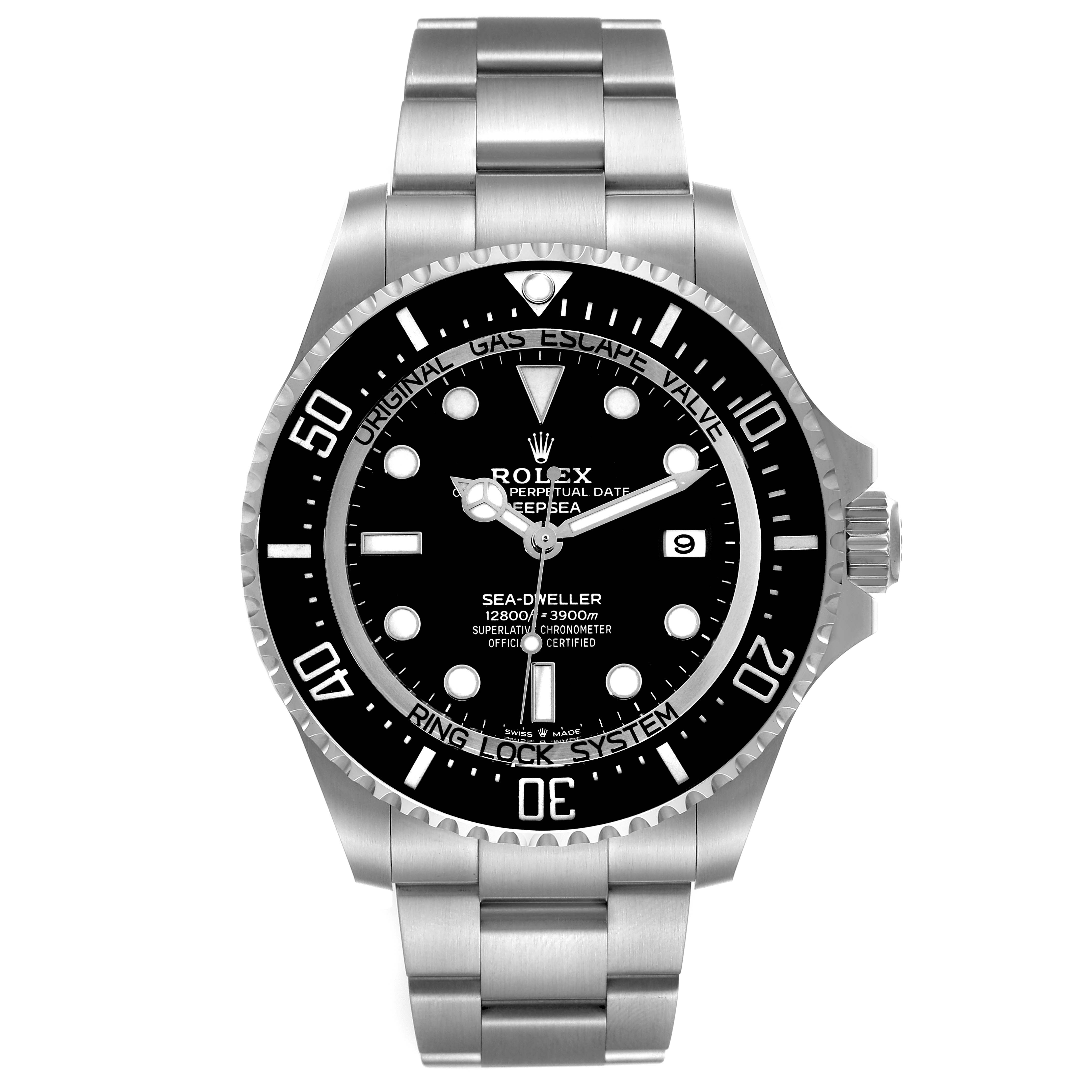 This image shows the front view of a Rolex Sea-Dweller 126660 Men
s Stainless Steel Black Dial 126660 Men
s Stainless Steel Black Dial watch, highlighting the dial, bezel, hands, and bracelet.