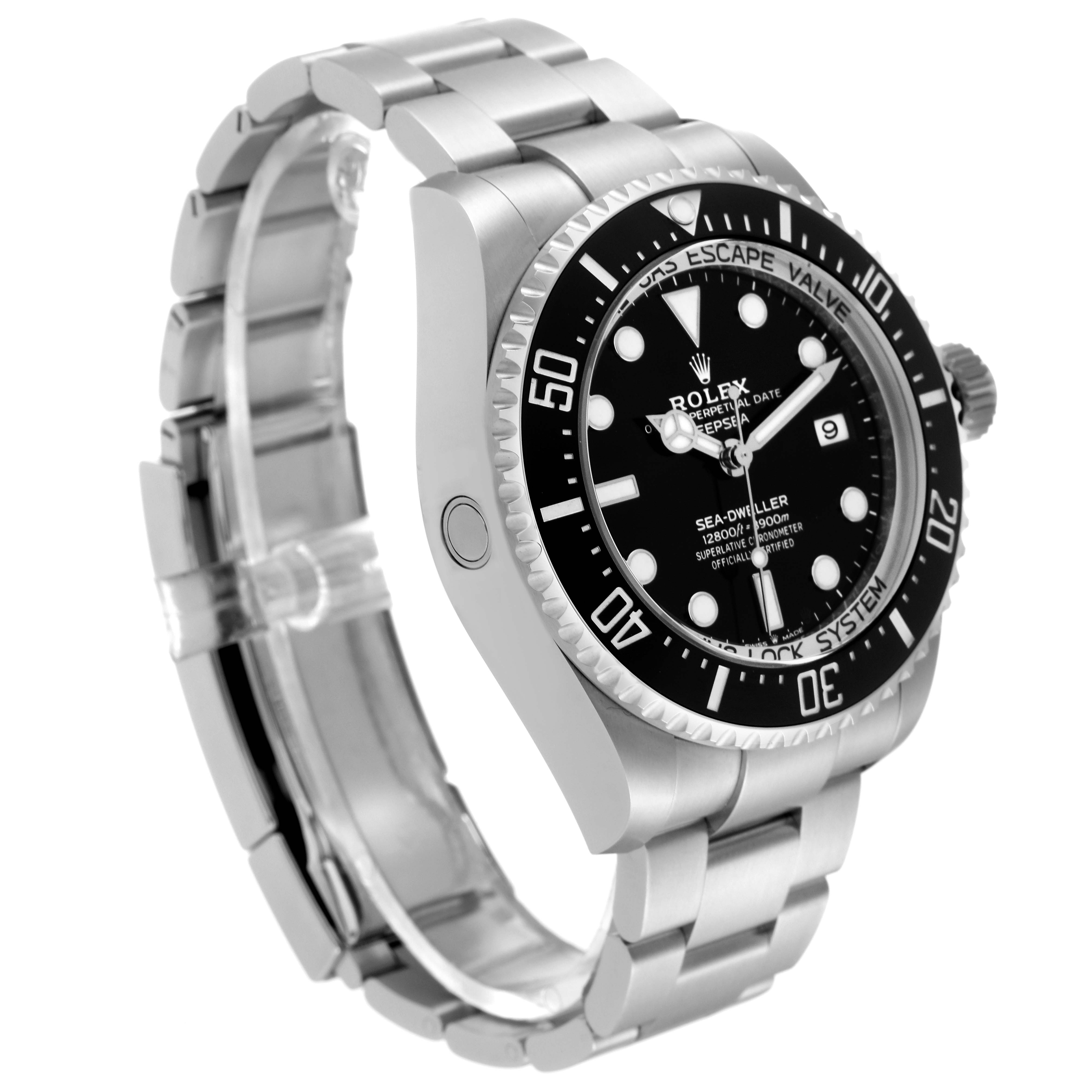 This image shows a side-angle view of the Rolex Sea-Dweller 126660 Men
s Stainless Steel Black Dial 126660 Men
s Stainless Steel Black Dial watch, highlighting the watch face, bezel, and metal band.