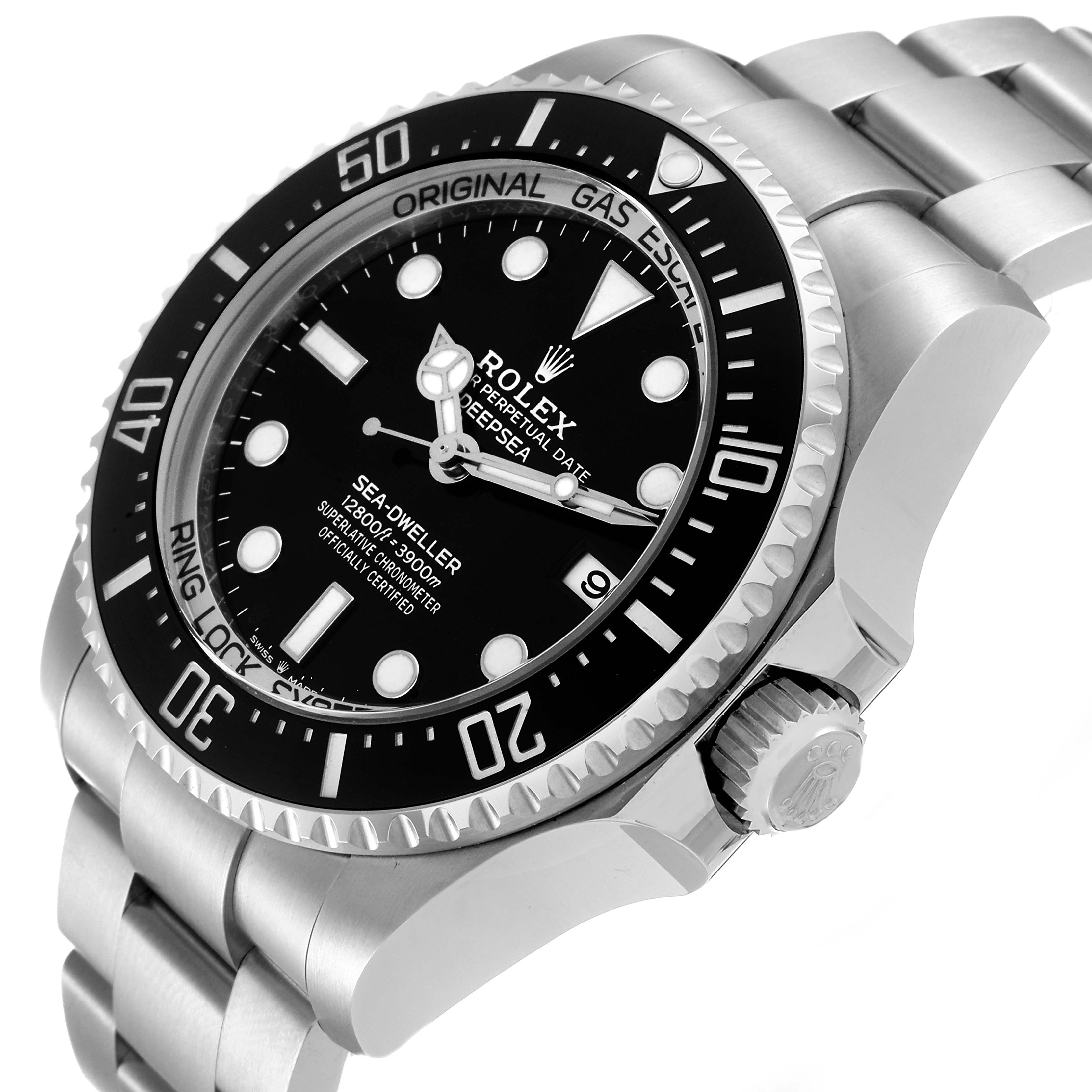 This image shows a close-up angle of the Rolex Sea-Dweller 126660 Men
s Stainless Steel Black Dial 126660 Men
s Stainless Steel Black Dial watch, featuring its dial, bezel, and part of its bracelet.