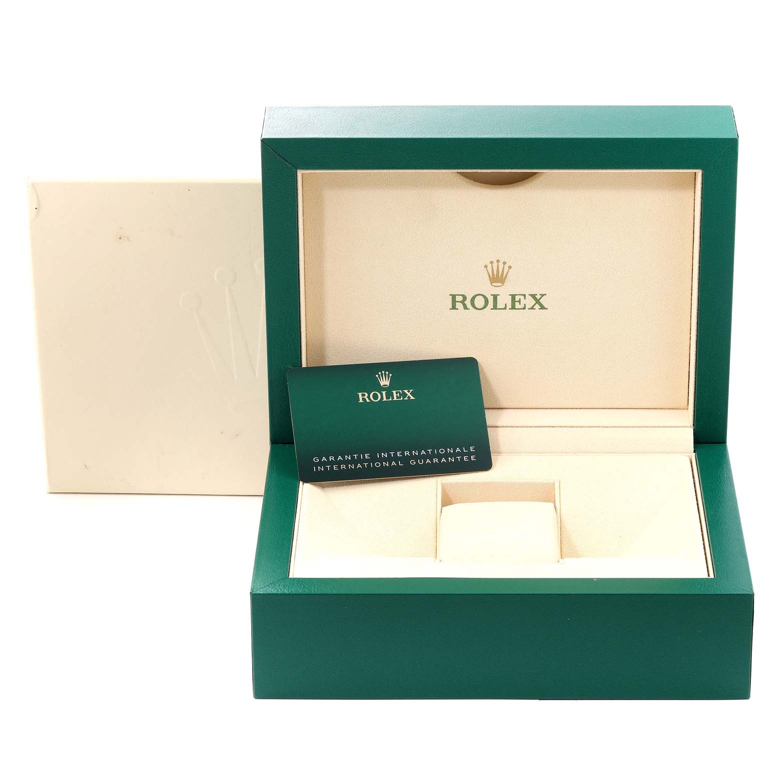 The image shows the open box and warranty card for a Rolex Sea-Dweller 126660 Men
s Stainless Steel Black Dial 126660 Men
s Stainless Steel Black Dial watch.
