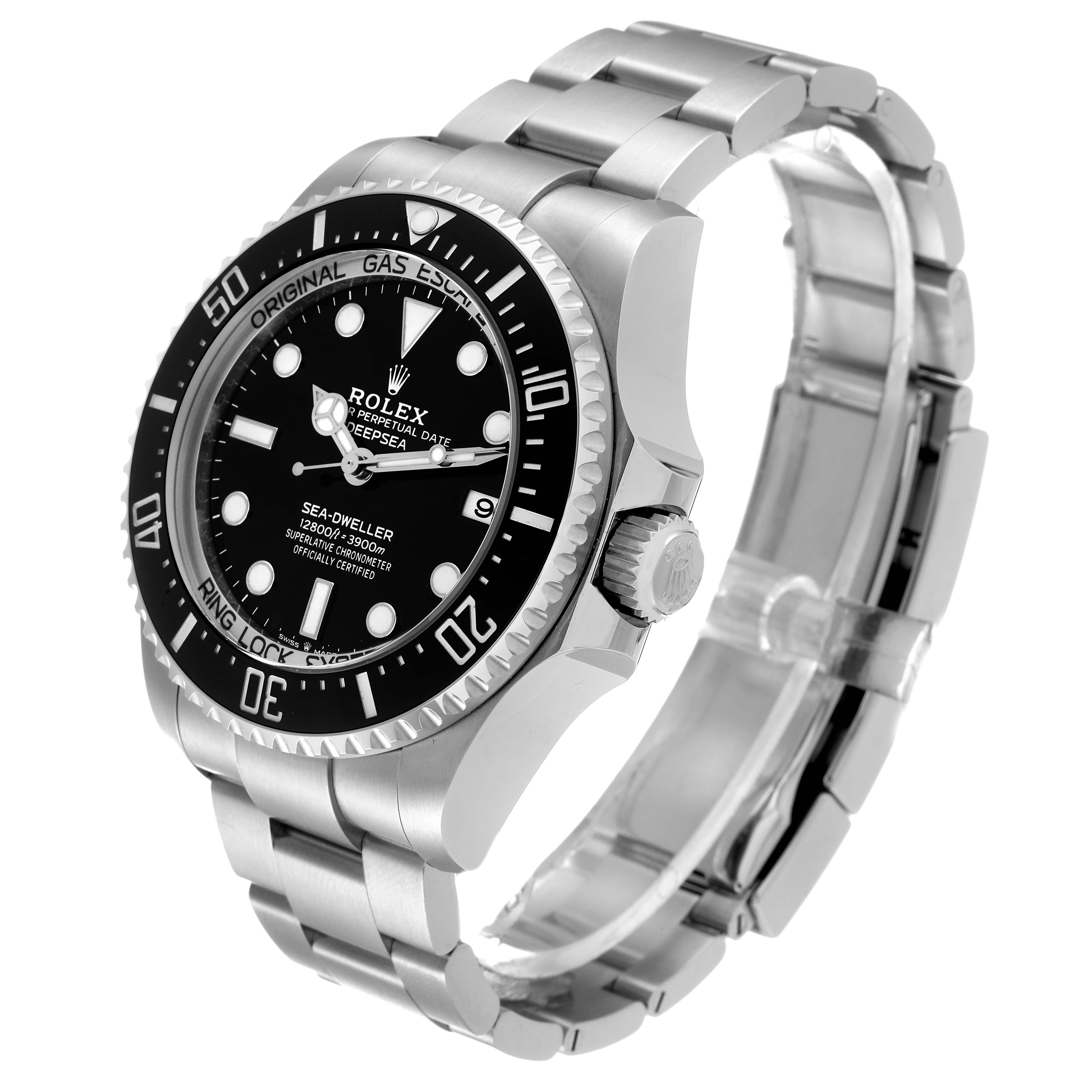 This image shows a Rolex Sea-Dweller 126660 Men
s Stainless Steel Black Dial 126660 Men
s Stainless Steel Black Dial watch from an angled side view, displaying the face, bezel, and stainless steel bracelet.