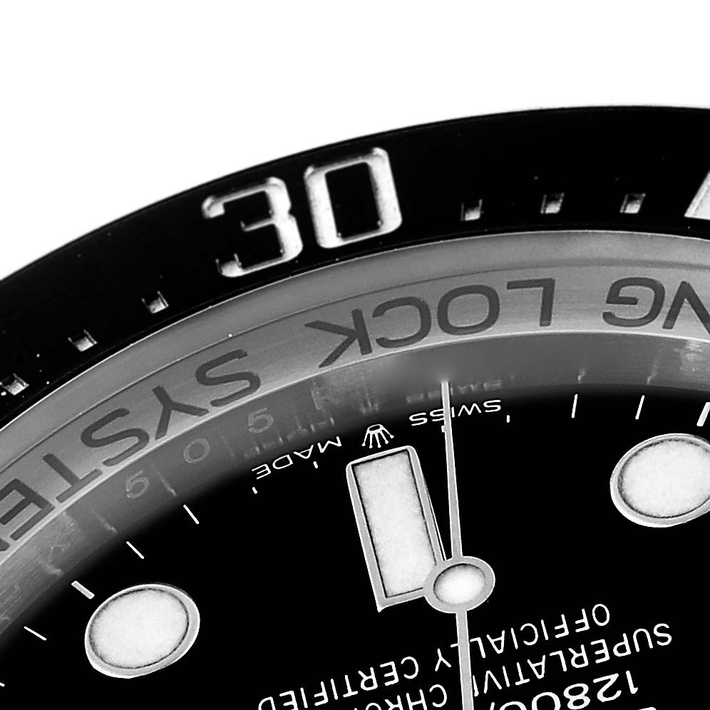 The image shows a close-up of the dial, bezel, and part of the rotating system of a Rolex Sea-Dweller 126660 Men
s Stainless Steel Black Dial 126660 Men
s Stainless Steel Black Dial watch.