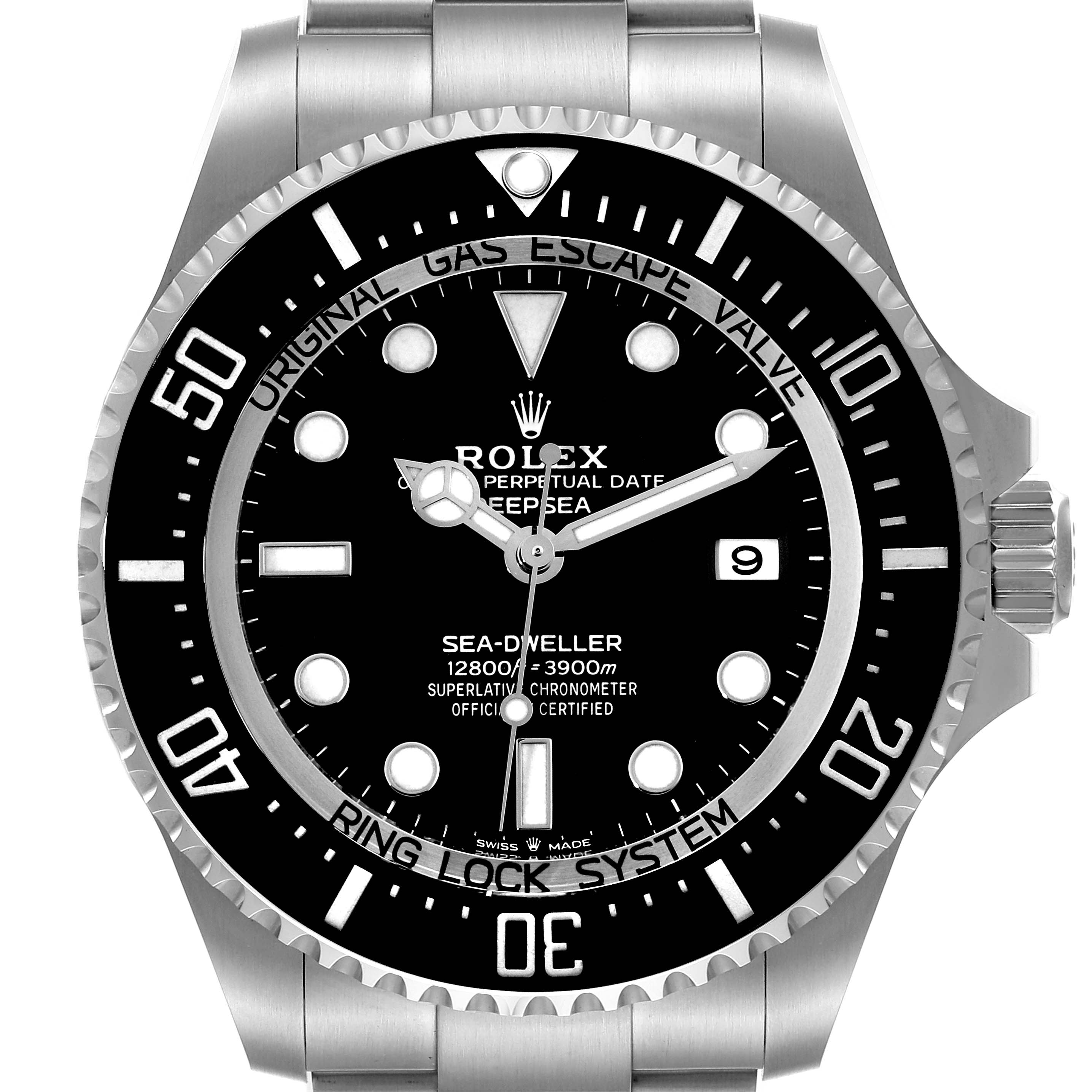 This image shows a frontal view of the Rolex Sea-Dweller 126660 Men
s Stainless Steel Black Dial 126660 Men
s Stainless Steel Black Dial, highlighting the dial, bezel, hands, and part of the bracelet.