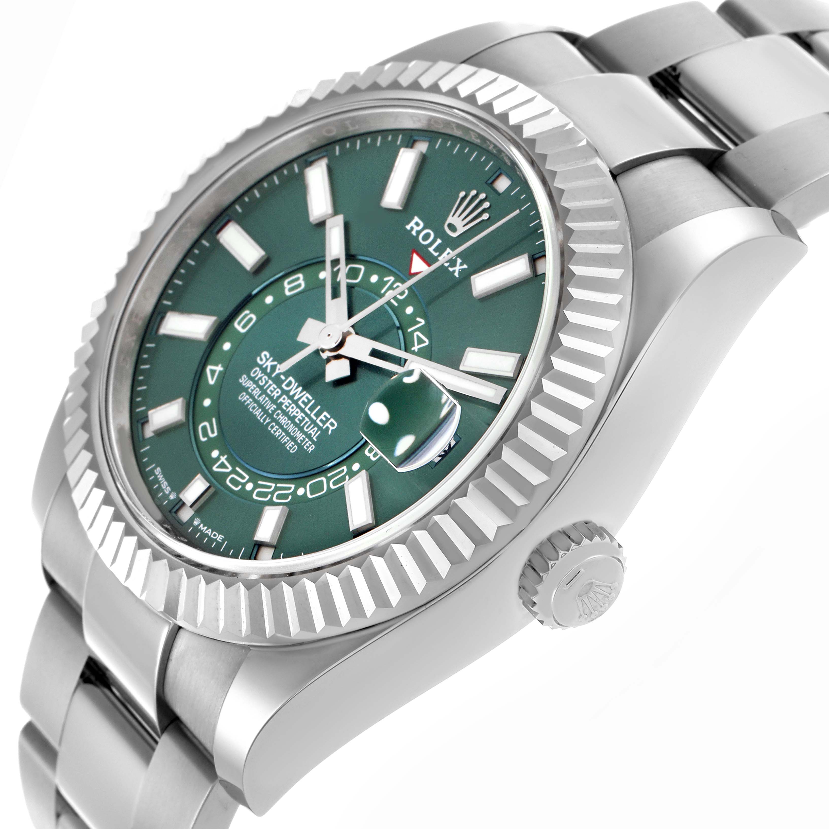 The Rolex Sky-Dweller 336934 Men's Stainless Steel Green Dial 336934 Men's Stainless Steel Green Dial is shown from an angled side view, highlighting the face, bezel, and part of the bracelet.