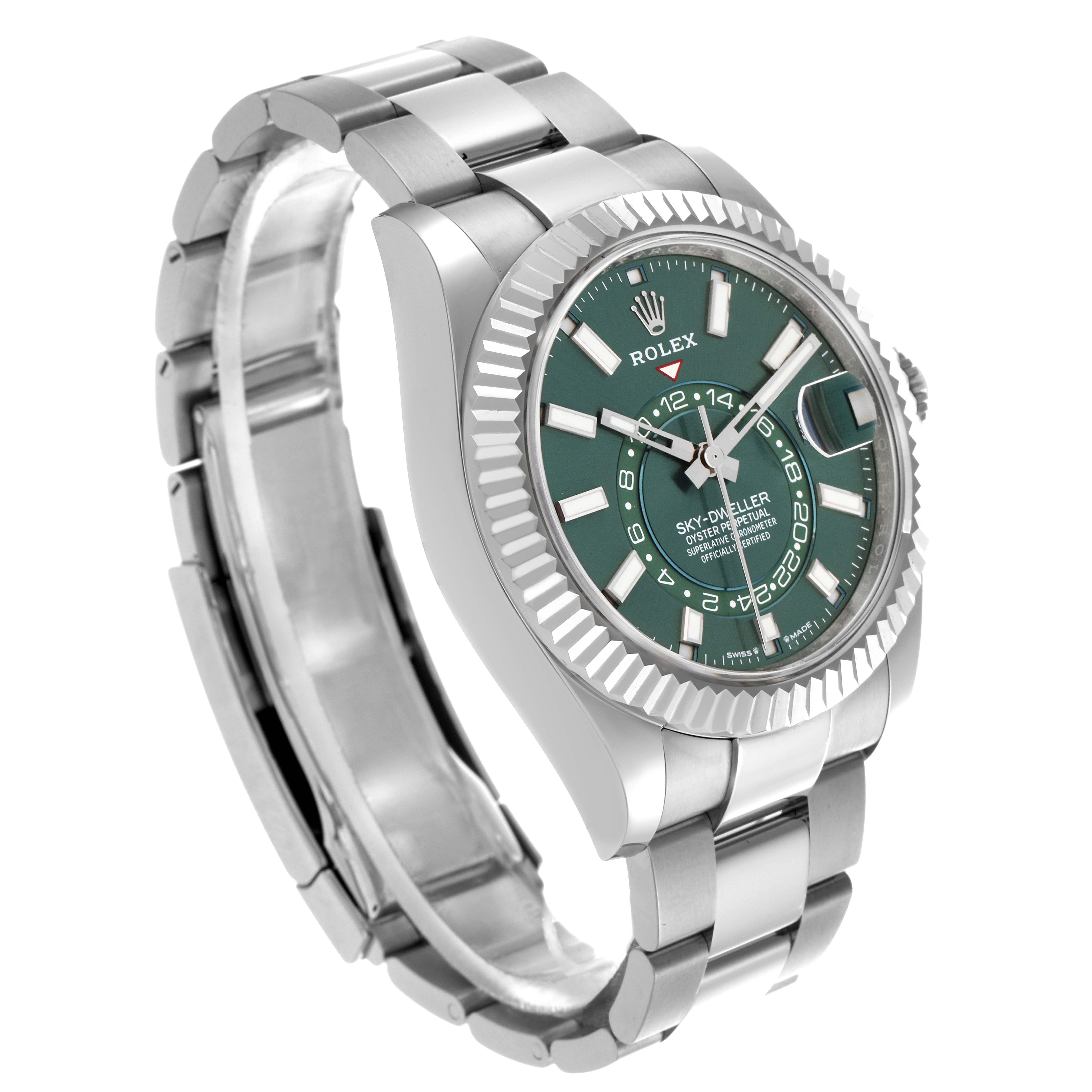 The Rolex Sky-Dweller 336934 Men's Stainless Steel Green Dial 336934 Men's Stainless Steel Green Dial watch is shown at an angle displaying the face, bezel, and part of the bracelet.