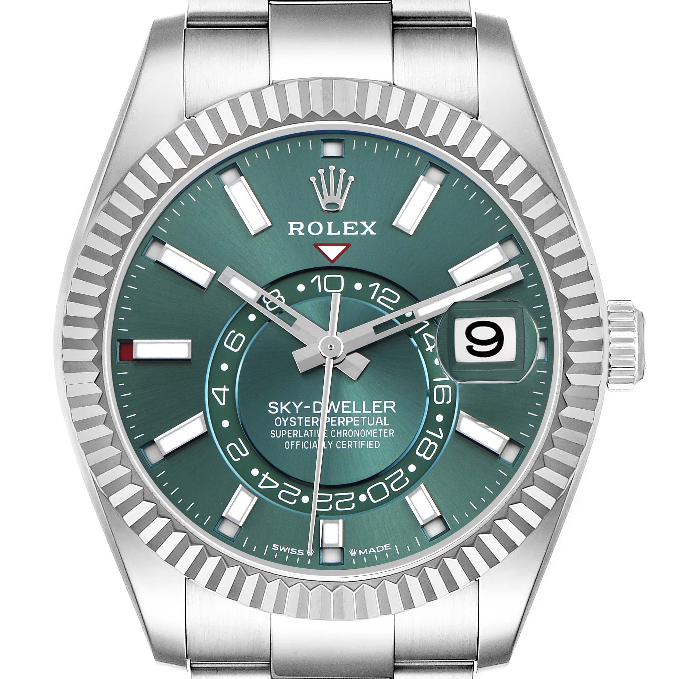 The Rolex Sky-Dweller 336934 Men's Stainless Steel Green Dial 336934 Men's Stainless Steel Green Dial watch is shown from a front view, displaying the dial, bezel, and part of the bracelet.