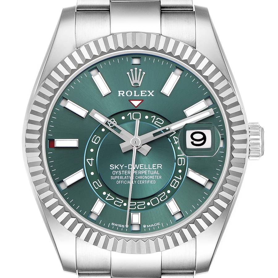 The Rolex Sky-Dweller watch is shown from a front view, displaying the dial, bezel, and part of the bracelet.