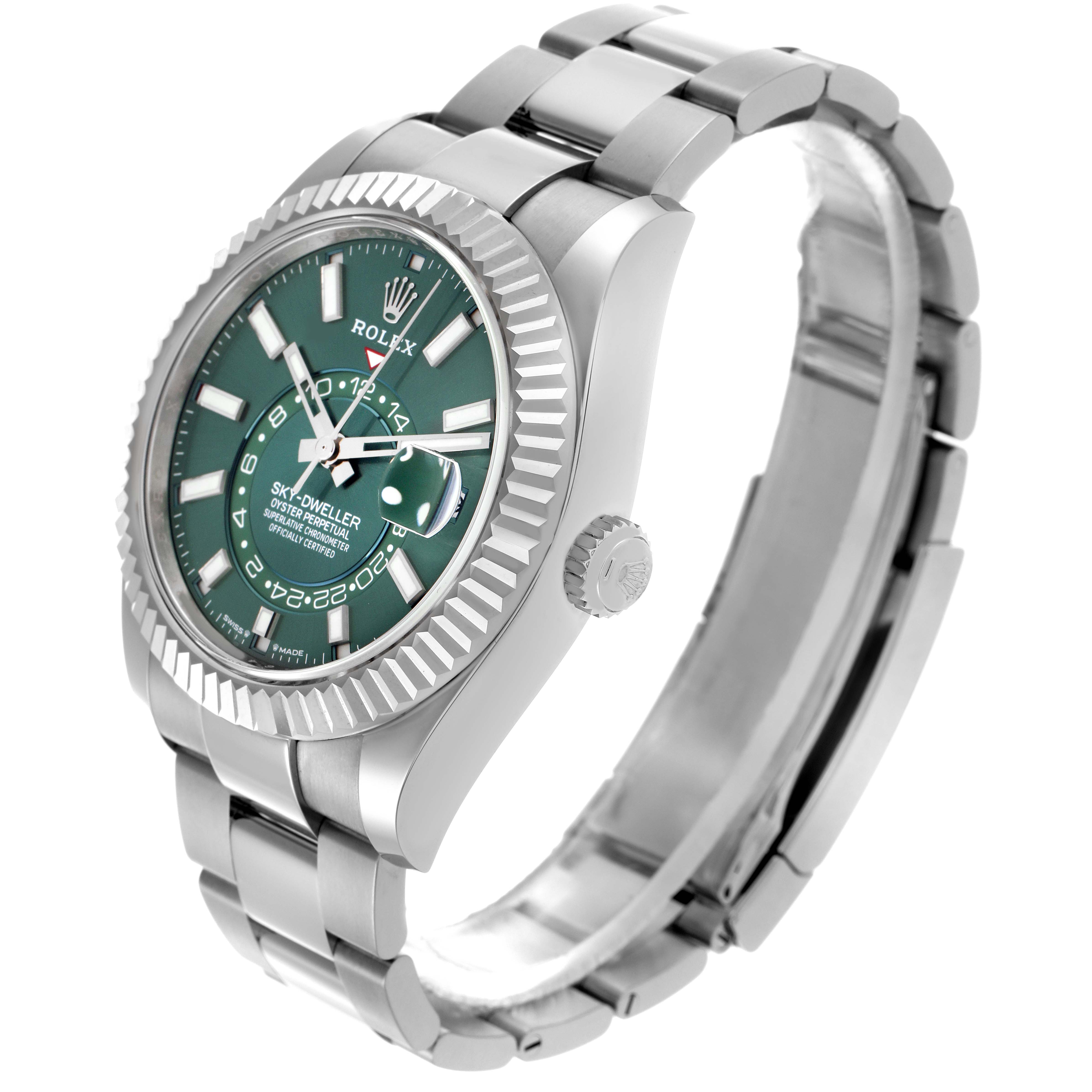 The Rolex Sky-Dweller 336934 Men's Stainless Steel Green Dial 336934 Men's Stainless Steel Green Dial watch is shown at a three-quarter angle, highlighting the dial, bezel, crown, and part of the bracelet.