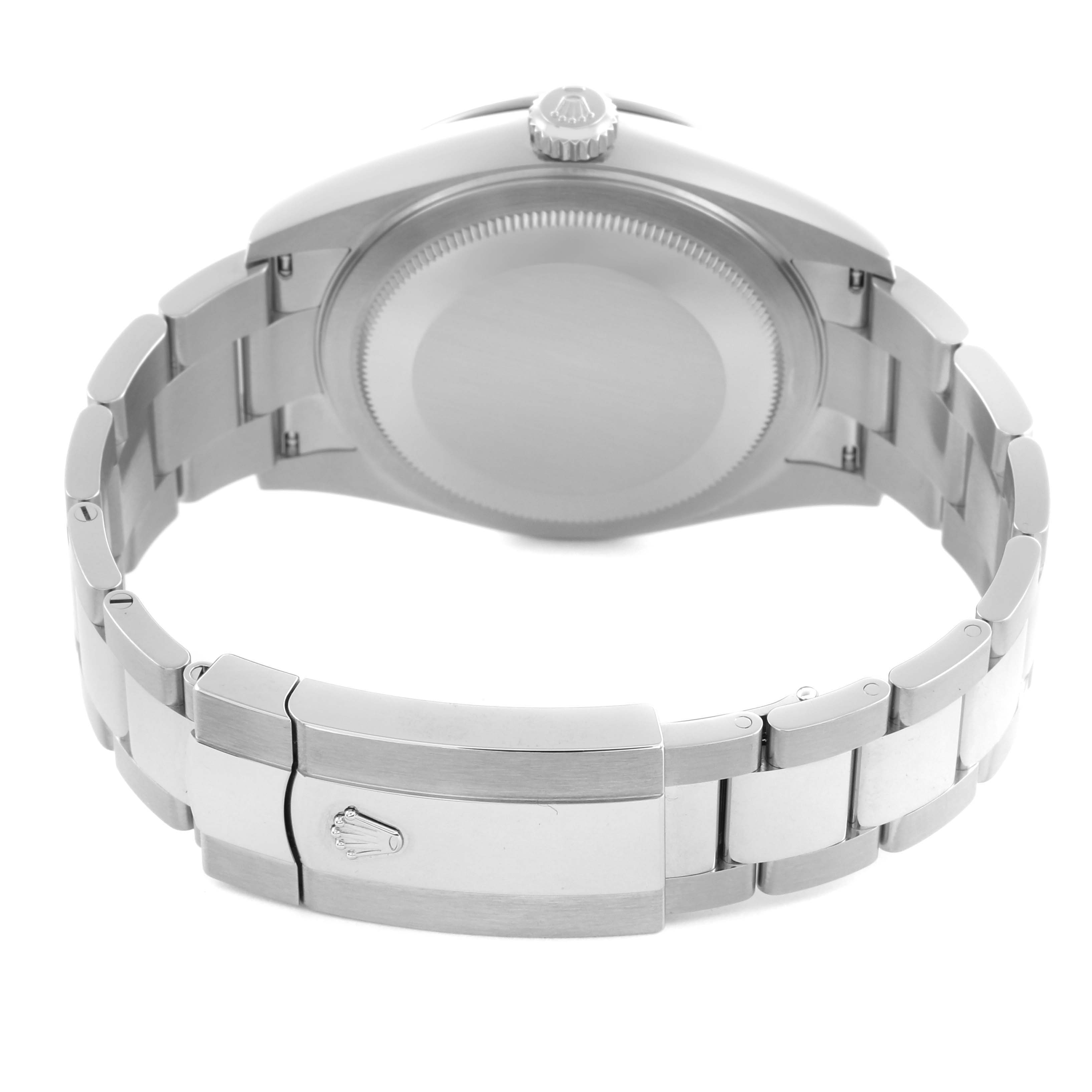 The Rolex Sky-Dweller 336934 Men's Stainless Steel Green Dial 336934 Men's Stainless Steel Green Dial is shown from the back, highlighting the bracelet and case back.