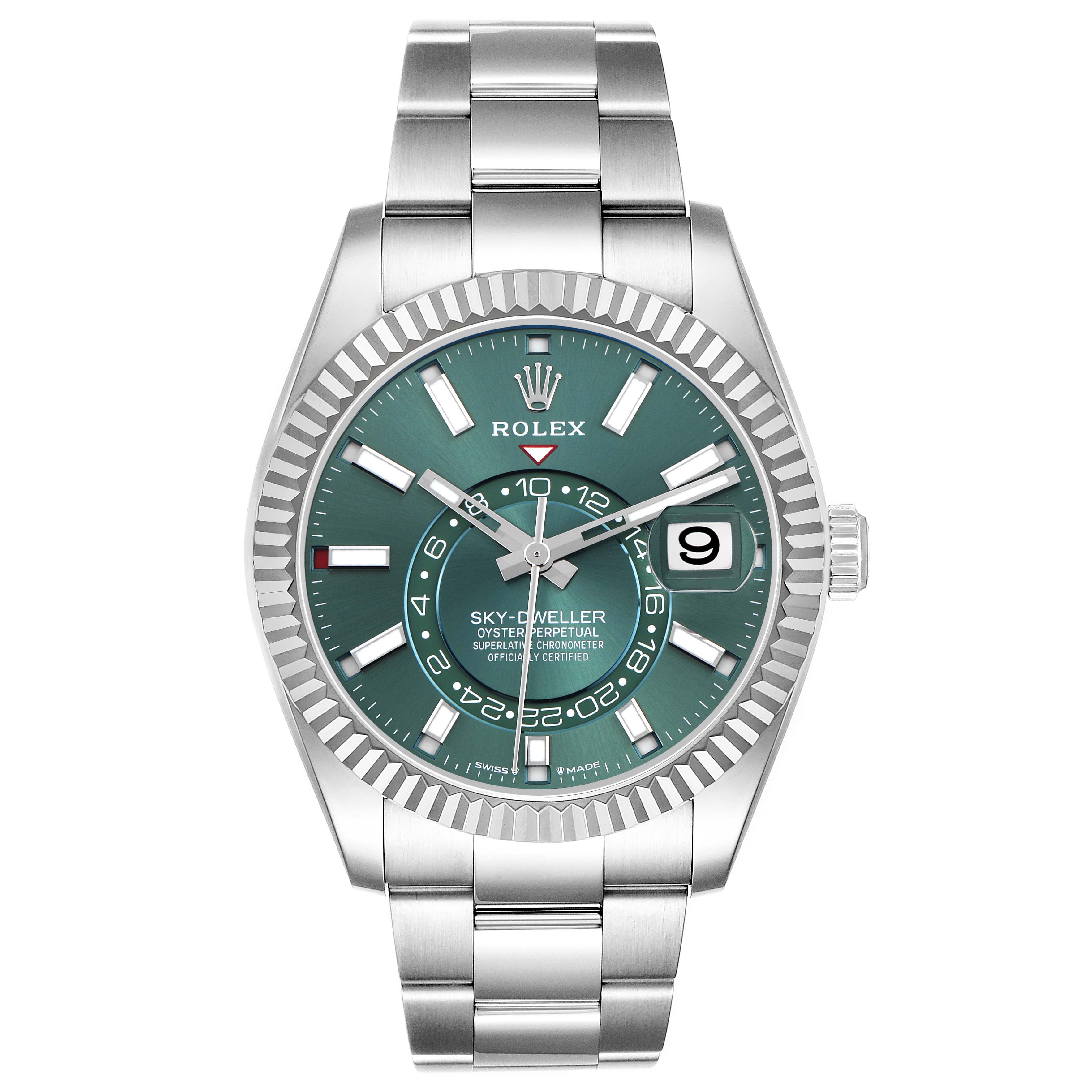 The image shows a front view of a Rolex Sky-Dweller 336934 Men's Stainless Steel Green Dial 336934 Men's Stainless Steel Green Dial watch featuring its dial, bezel, and bracelet.