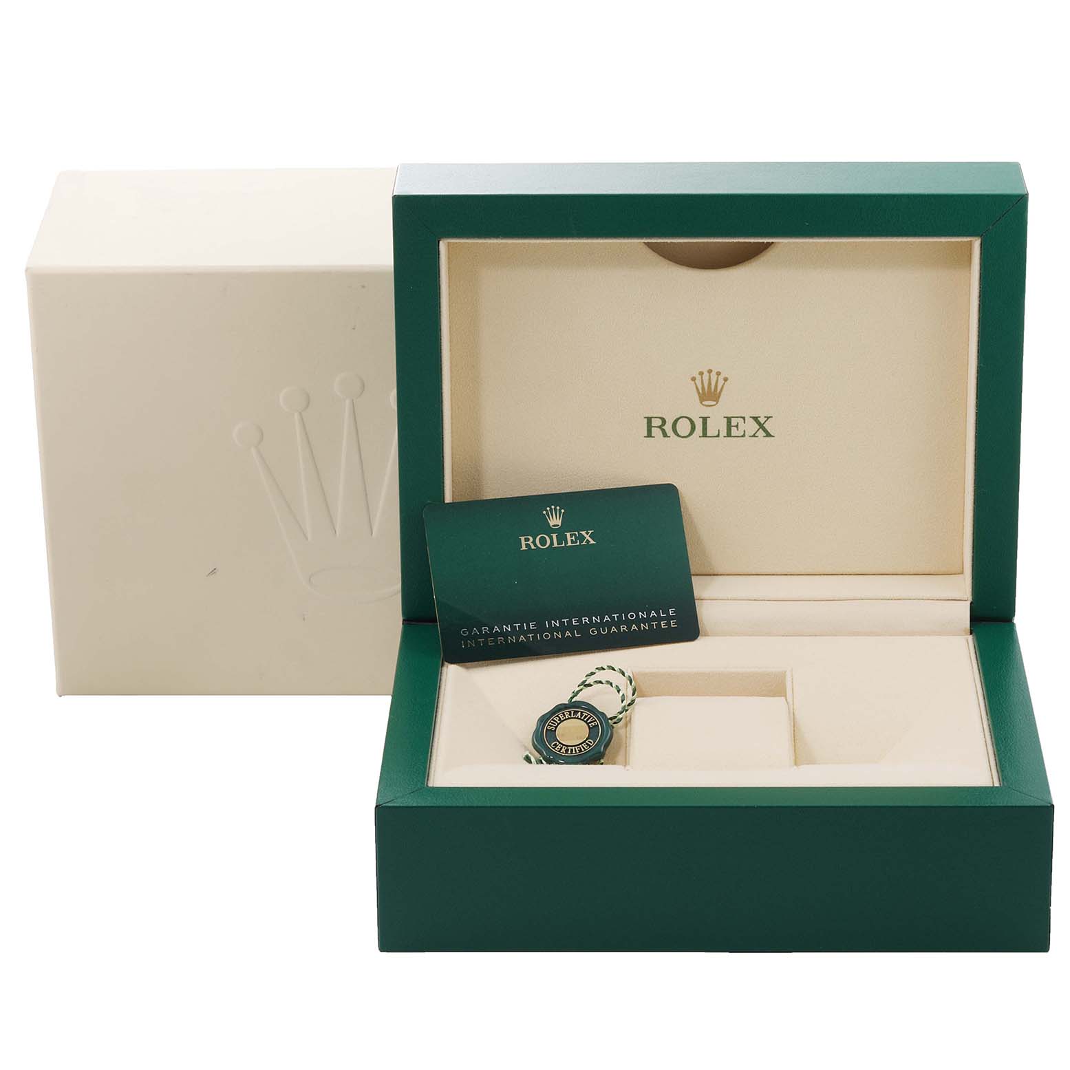 The image shows a Rolex Sky-Dweller 326933 Men
s Steel and Gold (two tone) Black Dial 326933 Men
s Steel and Gold (two tone) Black Dial watch box with the guarantee card and a green tag inside.