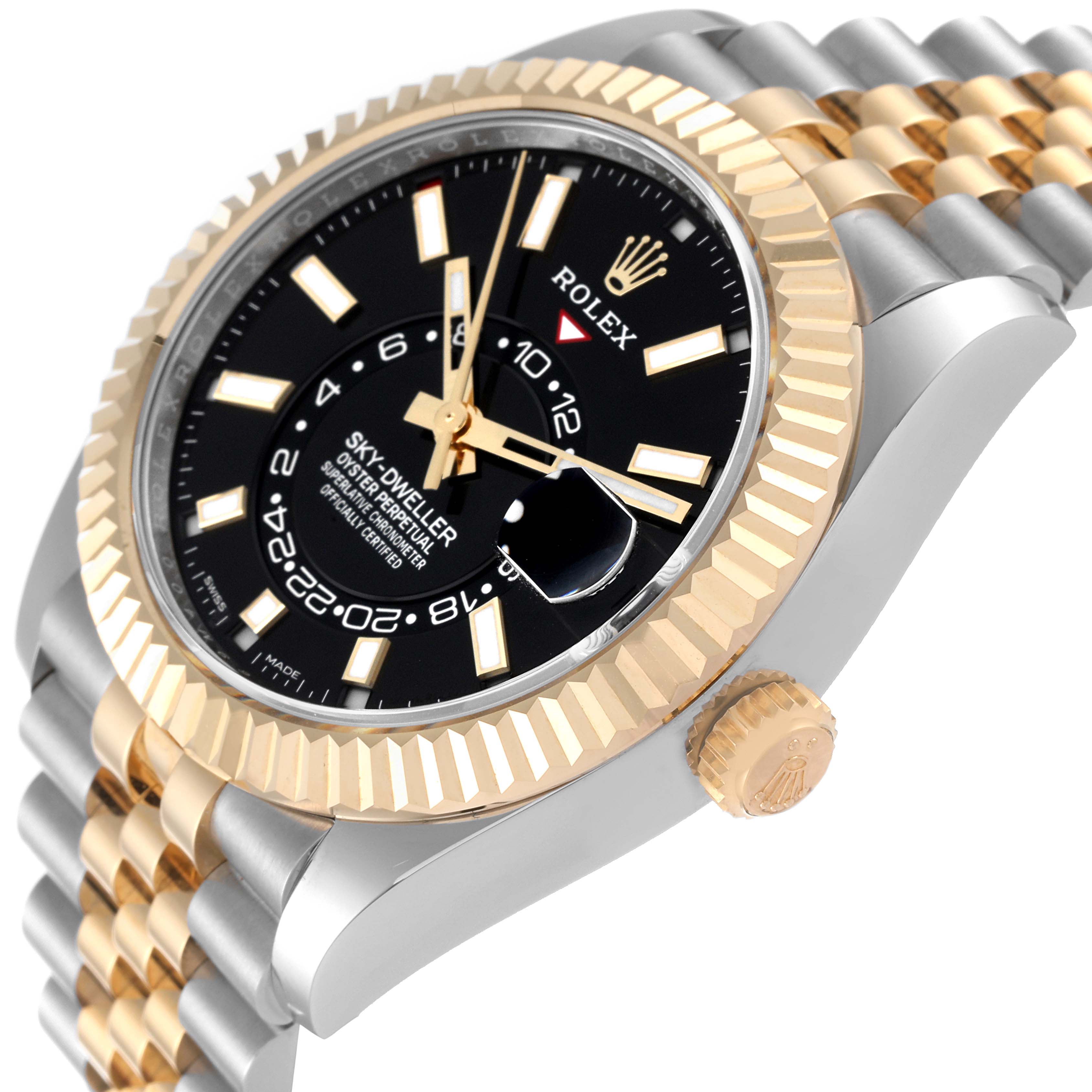 The image shows a gold and silver Rolex Sky-Dweller 326933 Men
s Steel and Gold (two tone) Black Dial 326933 Men
s Steel and Gold (two tone) Black Dial watch from an angled side view, featuring the bezel, dial, and crown.