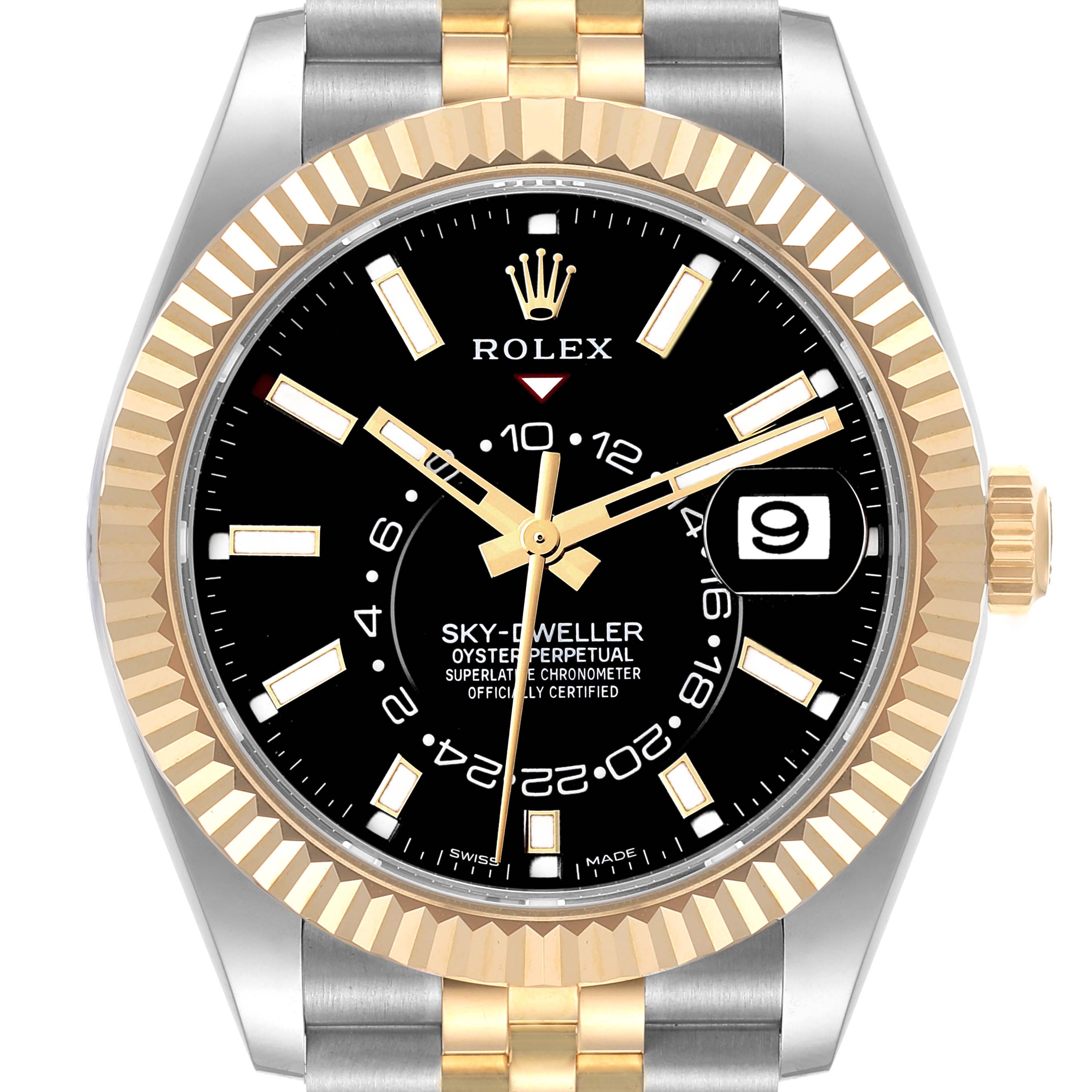 This image shows a front view of the Rolex Sky-Dweller 326933 Men
s Steel and Gold (two tone) Black Dial 326933 Men
s Steel and Gold (two tone) Black Dial watch, highlighting the dial, bezel, and bracelet.