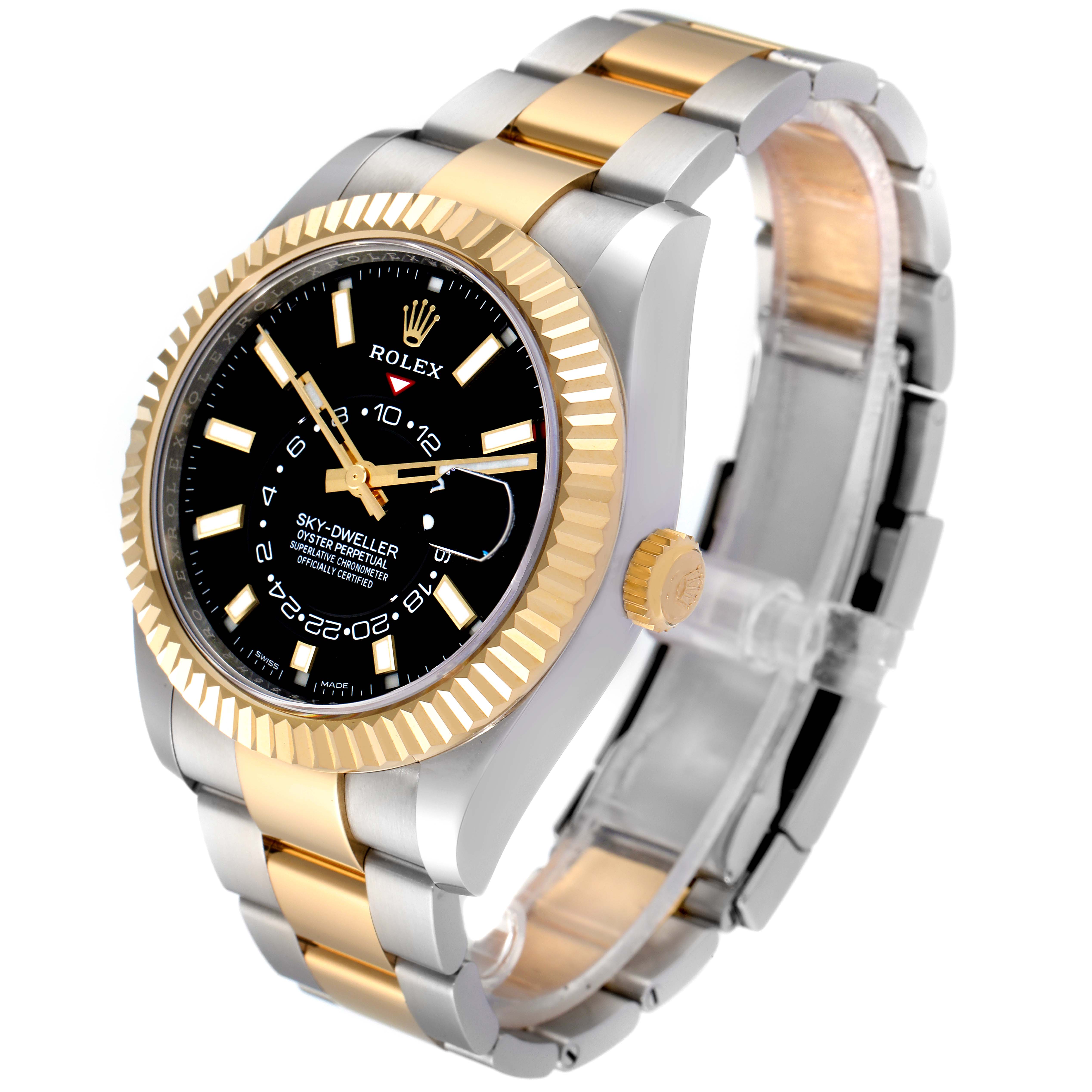 The Rolex Sky-Dweller 326933 Men's Steel and Gold (two tone) Black Dial 326933 Men's Steel and Gold (two tone) Black Dial watch is shown at a three-quarter angle displaying the dial, bezel, band, and crown.