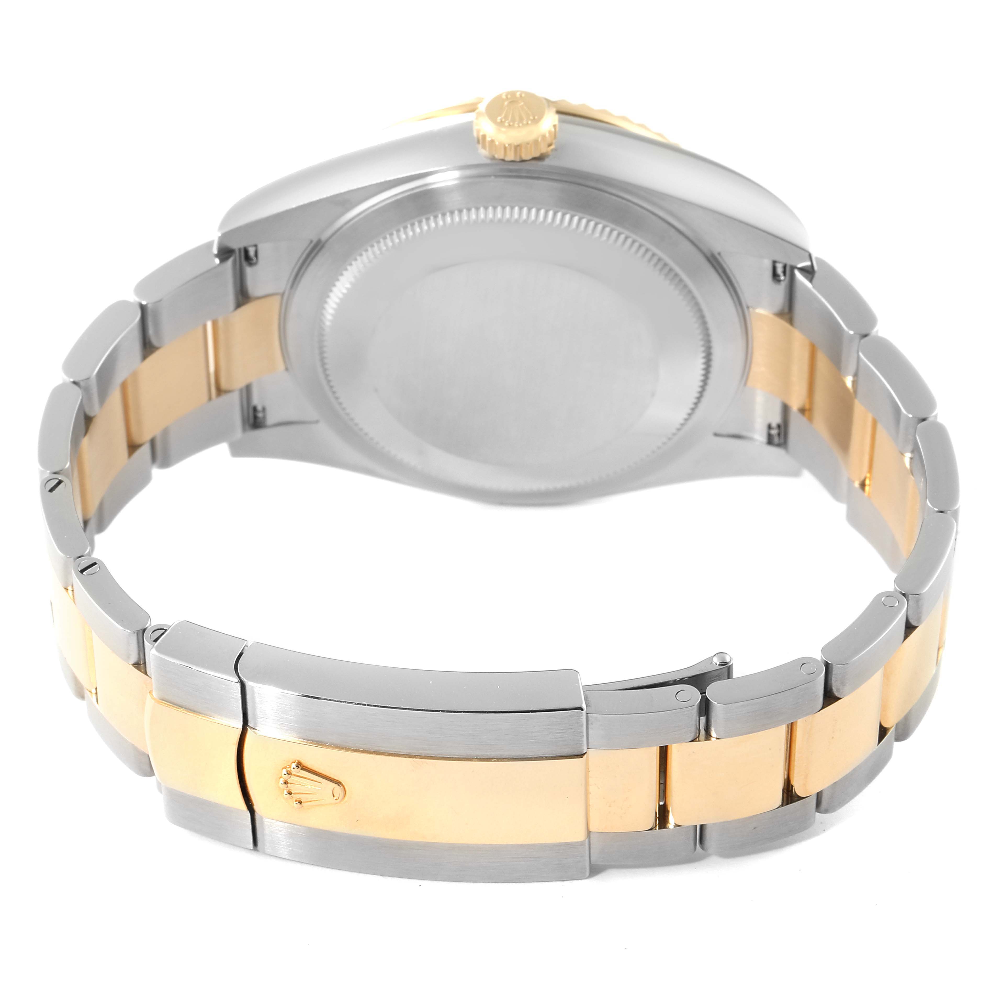 This image shows the back of a Rolex Sky-Dweller 326933 Men's Steel and Gold (two tone) Black Dial 326933 Men's Steel and Gold (two tone) Black Dial watch, focusing on the bracelet and case back.