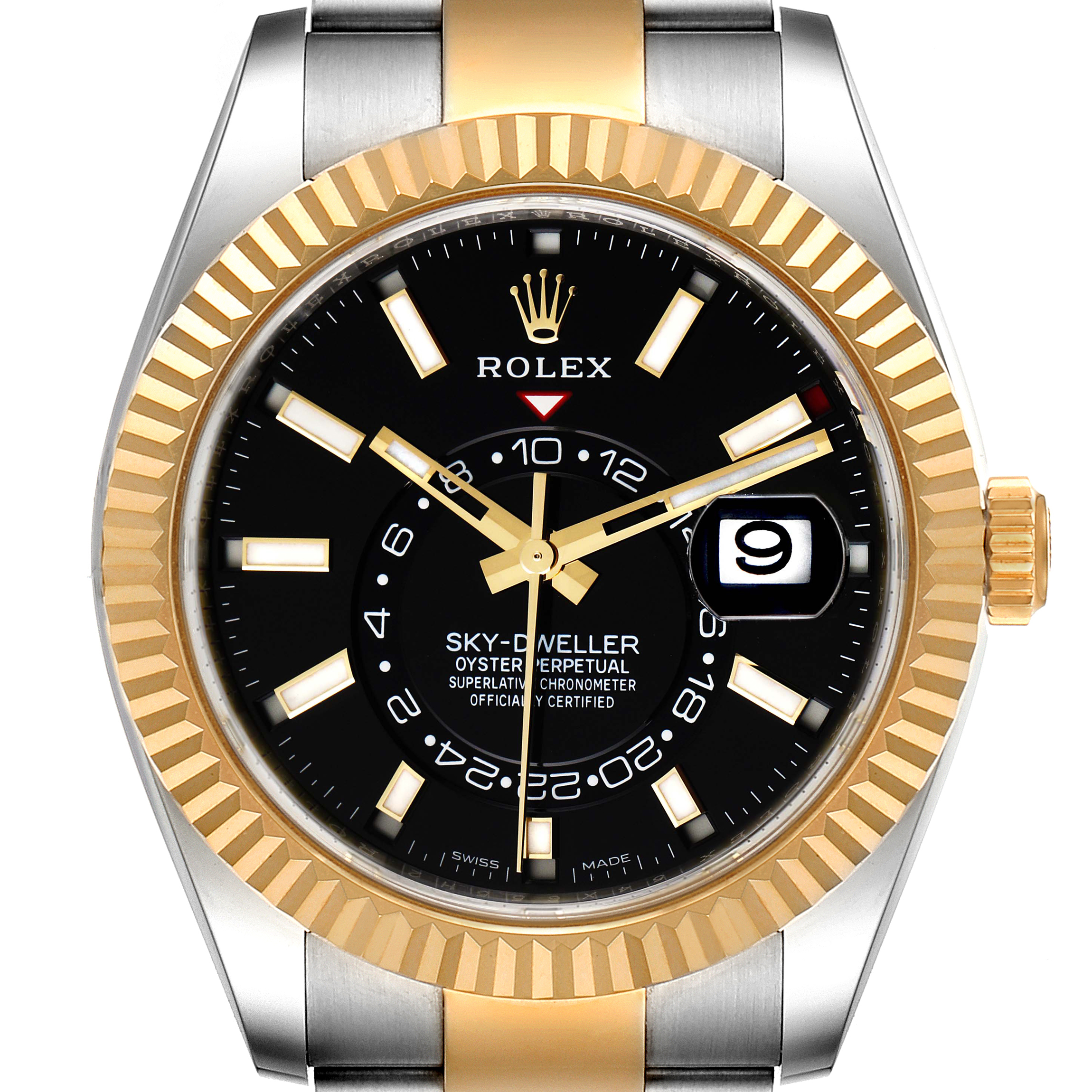 This is a front view of a Rolex Sky-Dweller 326933 Men's Steel and Gold (two tone) Black Dial 326933 Men's Steel and Gold (two tone) Black Dial watch showing the dial, bezel, case, and part of the bracelet.
