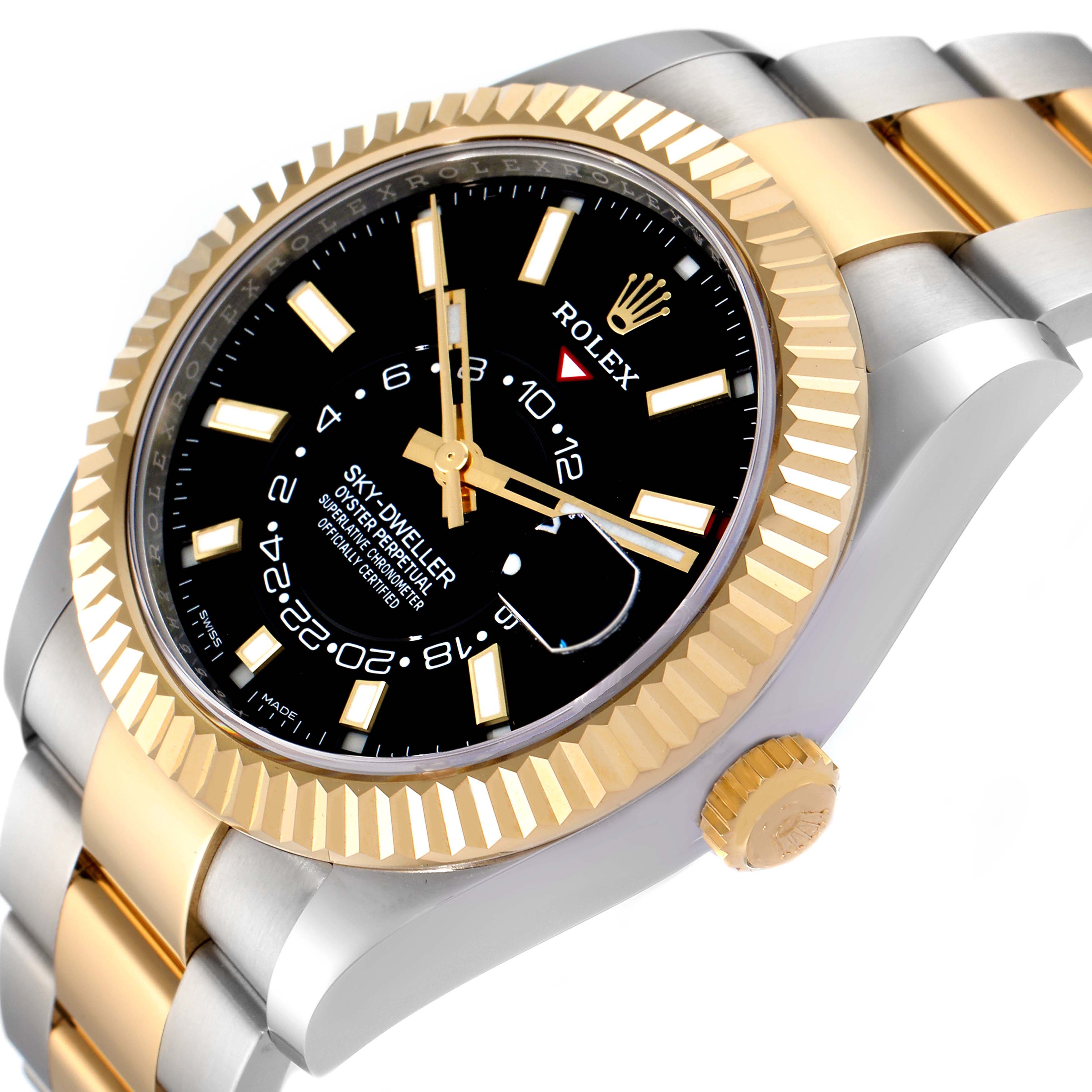 The Rolex Sky-Dweller 326933 Men's Steel and Gold (two tone) Black Dial 326933 Men's Steel and Gold (two tone) Black Dial watch is shown from an angled side view, displaying its black dial, gold fluted bezel, and two-tone bracelet.