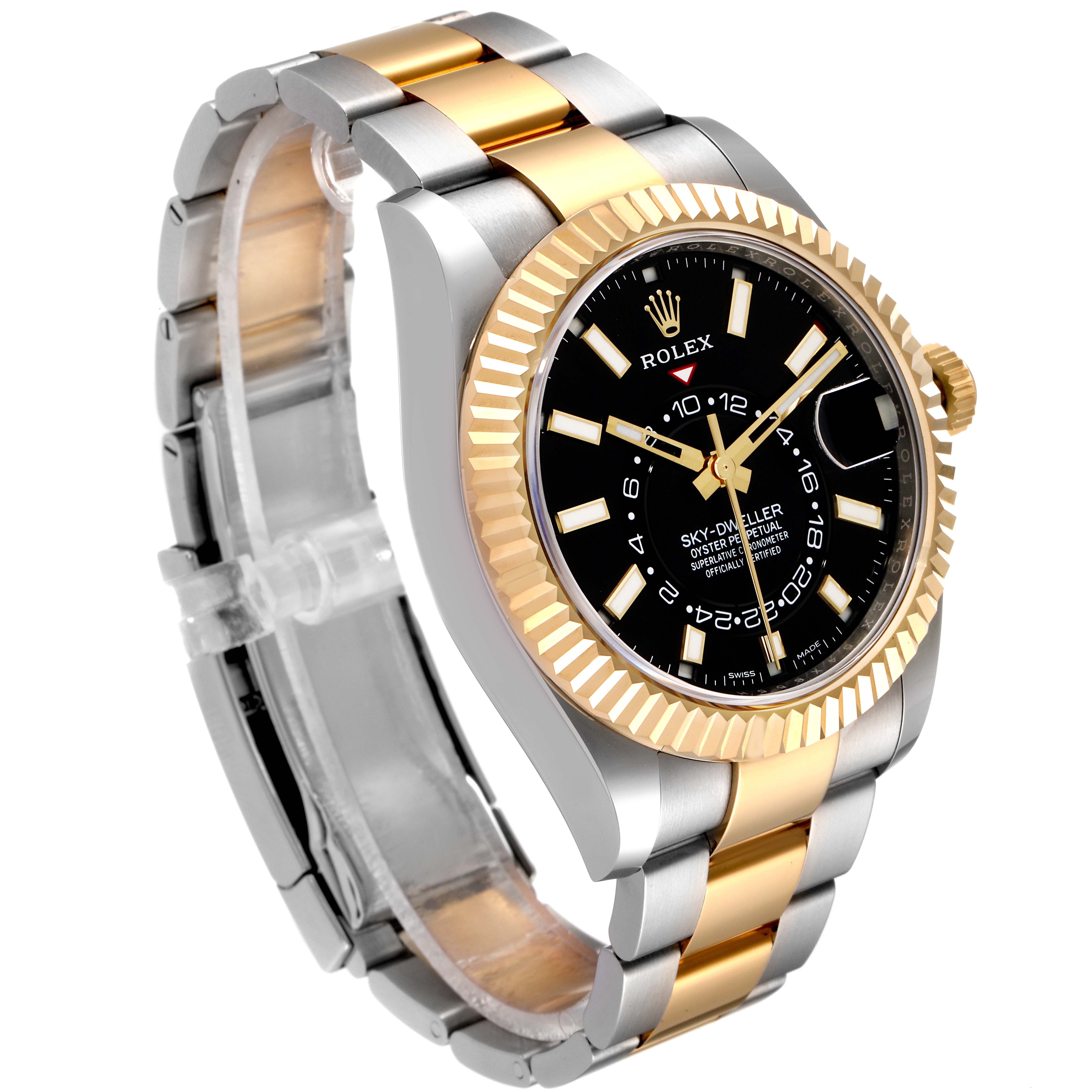 This image shows a Rolex Sky-Dweller 326933 Men's Steel and Gold (two tone) Black Dial 326933 Men's Steel and Gold (two tone) Black Dial watch from a slight side angle, highlighting its dial, bezel, and two-tone bracelet.